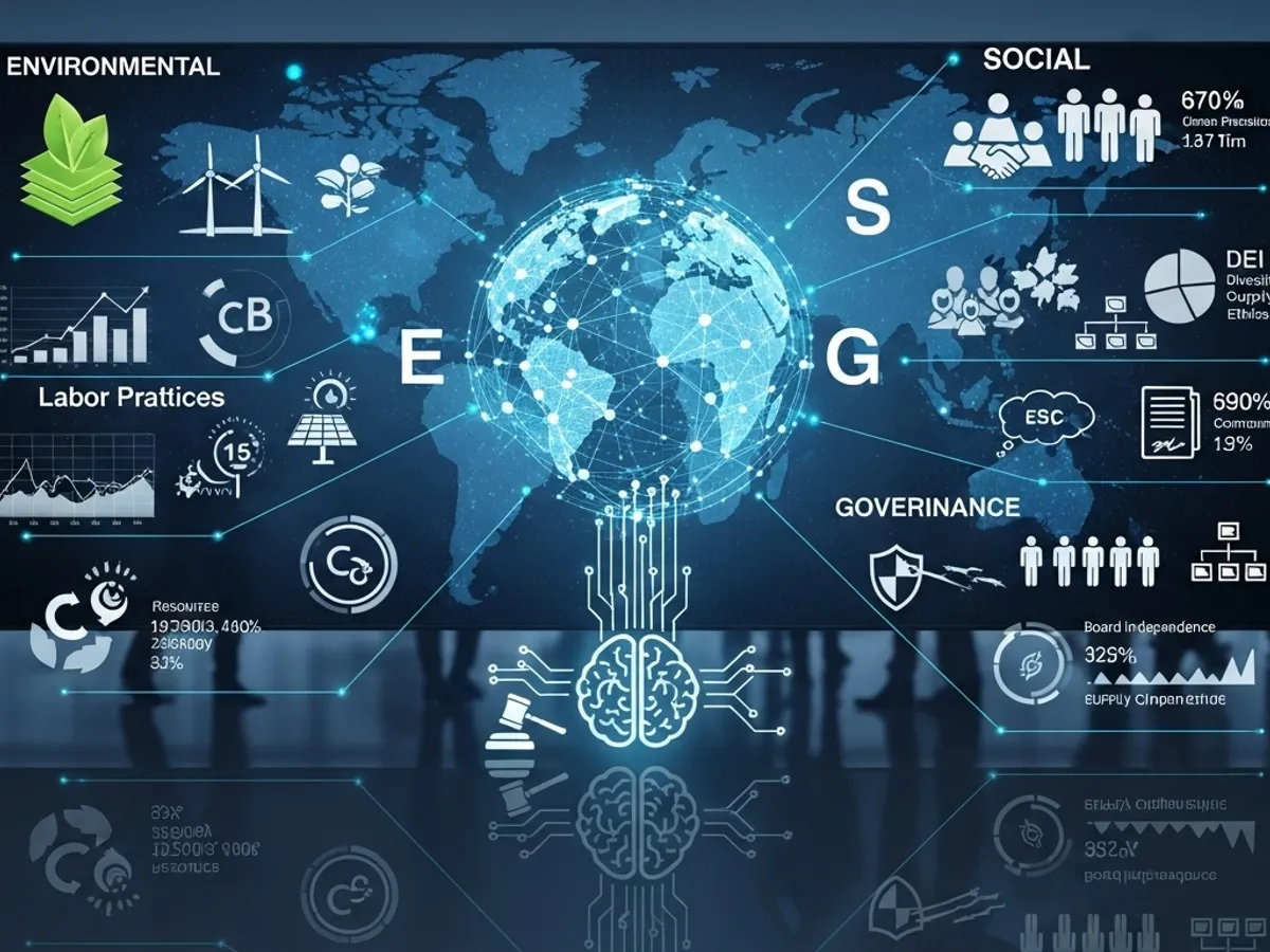 Infographic displaying the pillars of Environmental Social Governance (ESG), showcasing how environmental stewardship, social responsibility, and strong governance contribute to ethical business practices and long-term value creation, essential for stakeholder engagement.