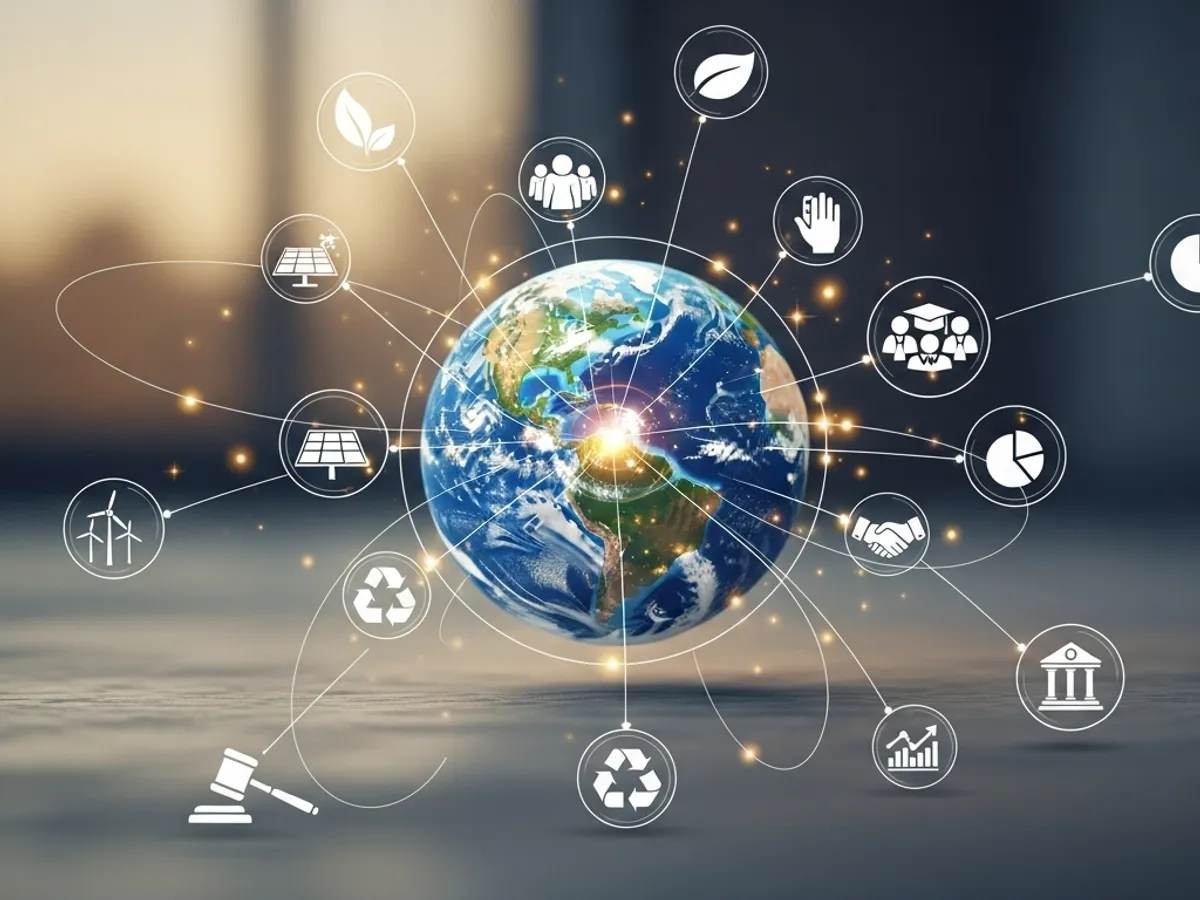Conceptual image of the Earth surrounded by icons representing sustainability metrics, reflecting the importance of corporate responsibility reporting and international sustainability reporting standards.