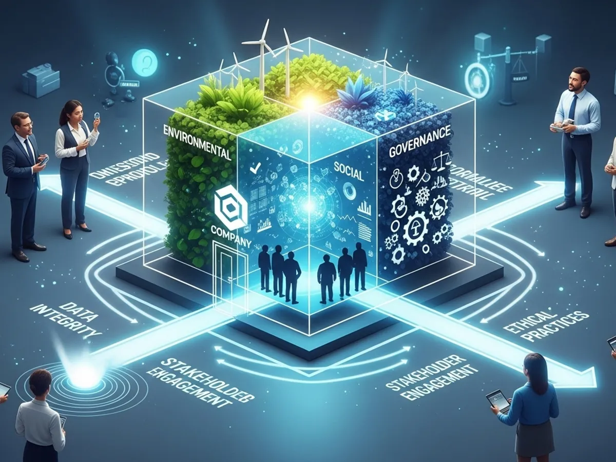 Conceptual image illustrating ESG reporting best practices, showcasing the interconnectedness of Environmental, Social, and Governance factors, stakeholder engagement, and corporate social responsibility reporting in driving ethical business and brand value.