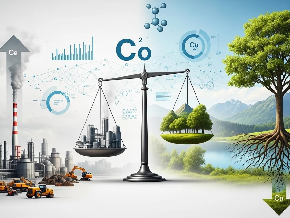 Conceptual image representing carbon accounting principles, balancing industrial emissions on one side against a thriving forest representing carbon sequestration, a visual metaphor for achieving net zero targets and reducing greenhouse gas emissions through carbon footprint analysis and effective carbon accounting practices.