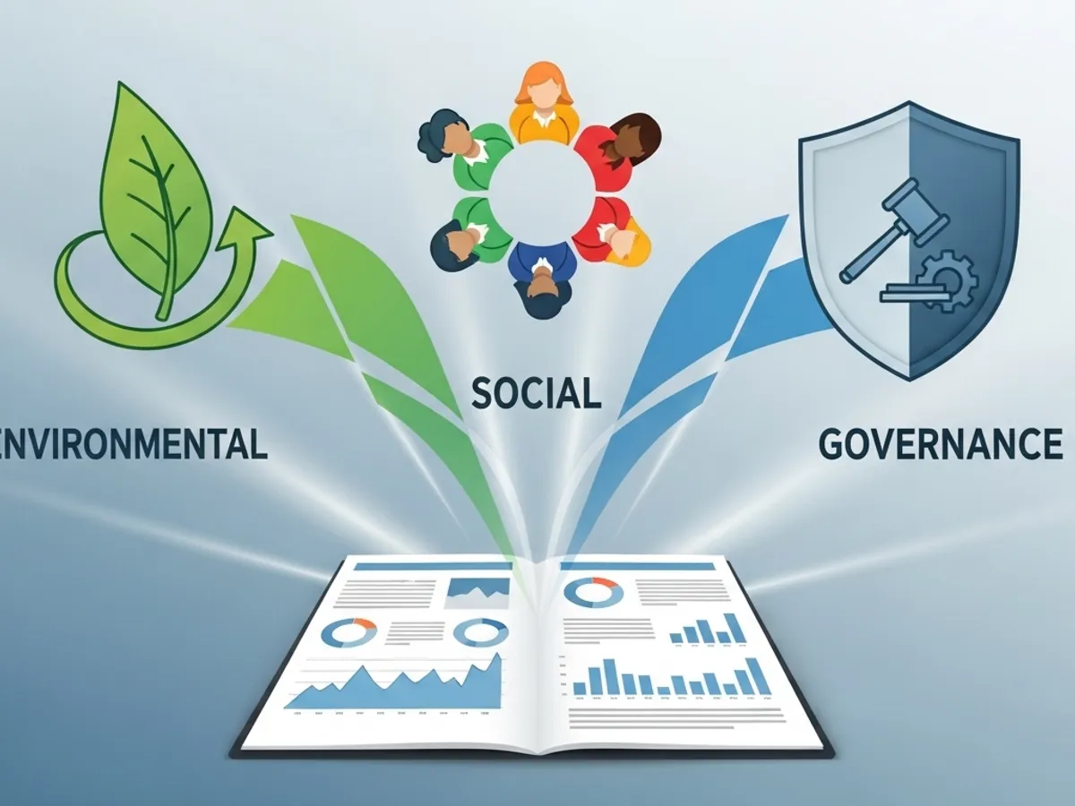 Diagram representing ESG reporting, showing environmental impact with a leaf and arrow, social impact with diverse figures in a circle, and governance standards with a shield and gavel, all emanating from an open book symbolizing reporting.