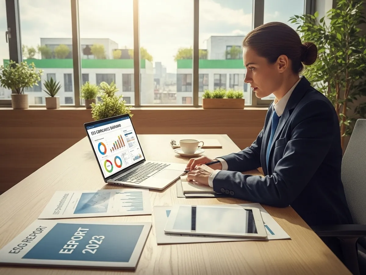 A professional woman reviews a laptop displaying ESG compliance requirements and charts, taking notes on ESG reporting and stakeholder engagement, reflecting corporate responsibility and sustainability reporting efforts.