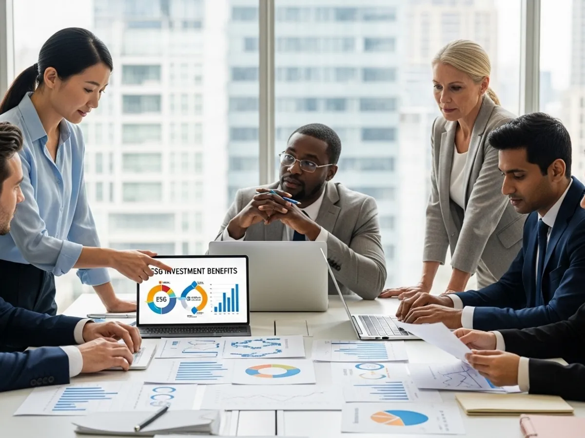 A diverse group of business professionals are gathered around a table, reviewing a laptop displaying a presentation on ESG investment benefits, highlighting the importance of socially responsible investing for portfolio diversification and long-term value creation.