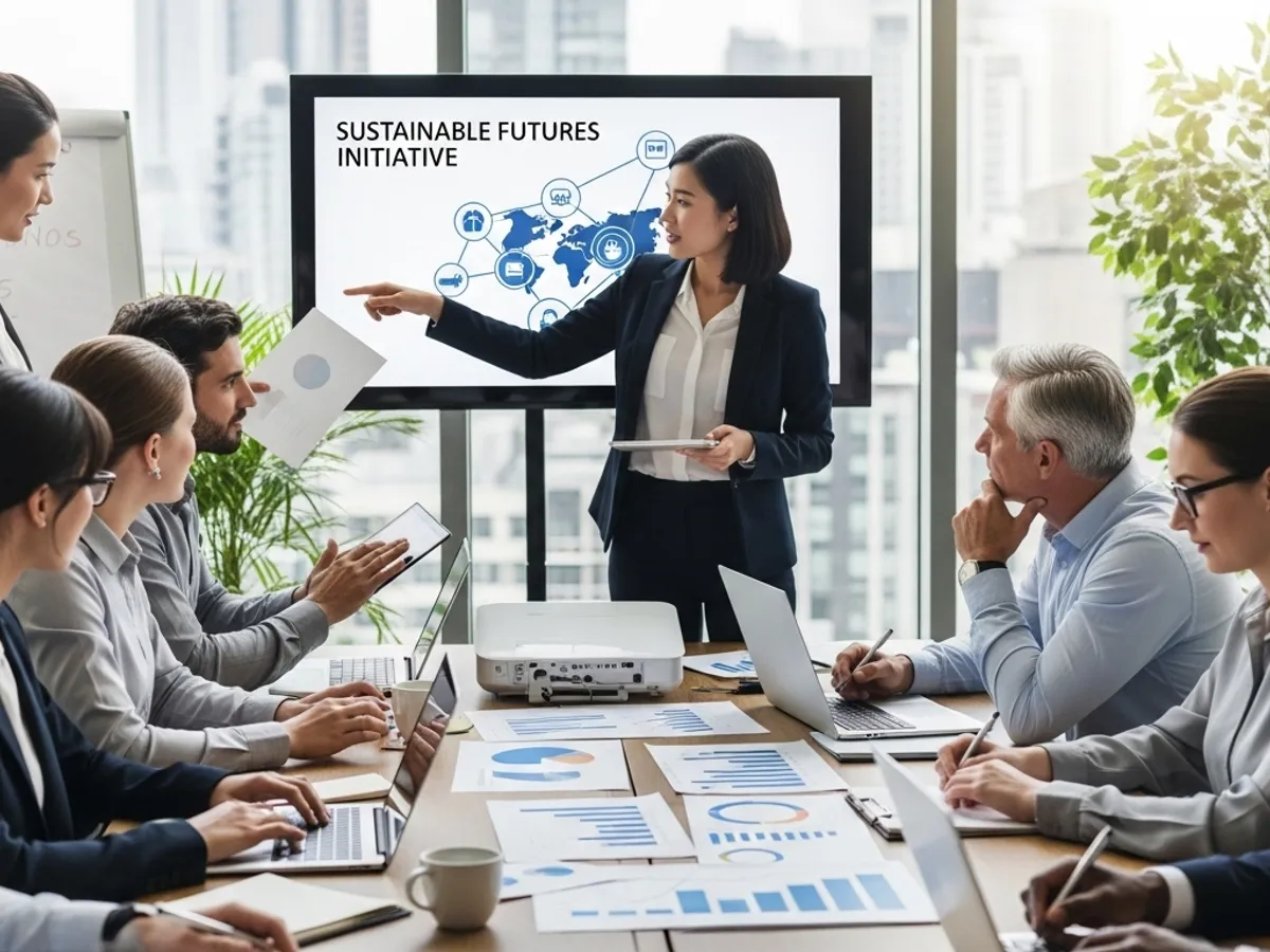 A diverse group of professionals are gathered around a conference table, focused on a presentation about the Sustainable Futures Initiative, reflecting a commitment to environmental impact and long-term value creation through ethical business practices.