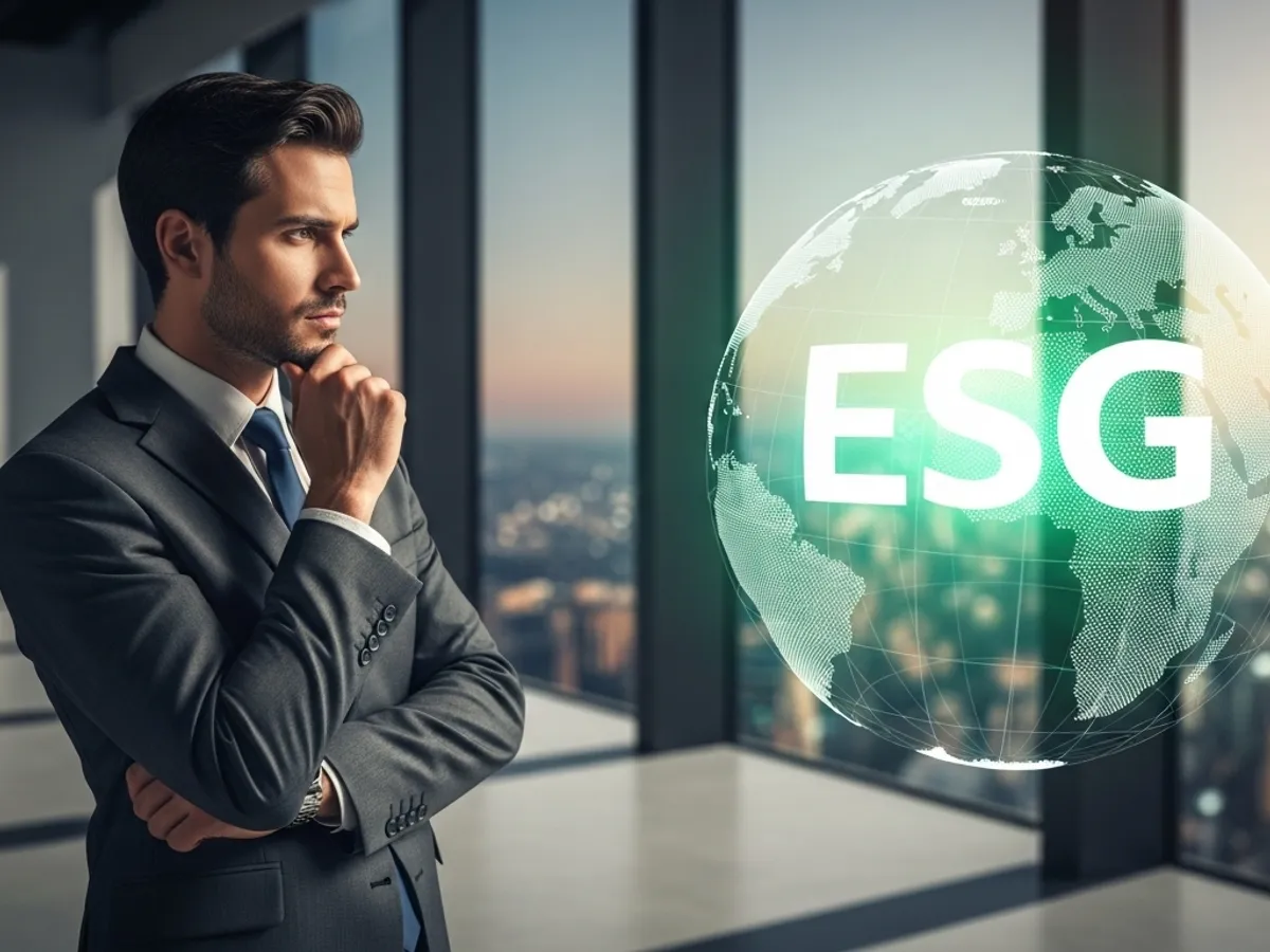 A businessman stands thoughtfully near a window, with a digital globe displaying 'ESG,' symbolizing the importance of Environmental, Social, and Governance factors in corporate strategy and long-term value creation.