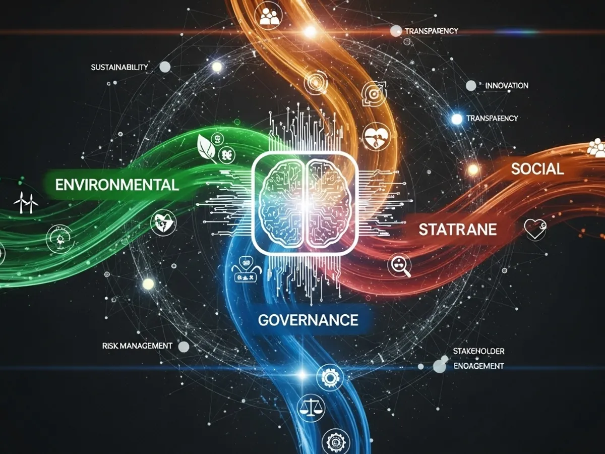 Conceptual representation of ESG factors, highlighting Environmental, Social, and Governance elements intertwined, reflecting the importance of transparency in reporting, stakeholder engagement, and sustainability metrics for effective ESG reporting strategies.
