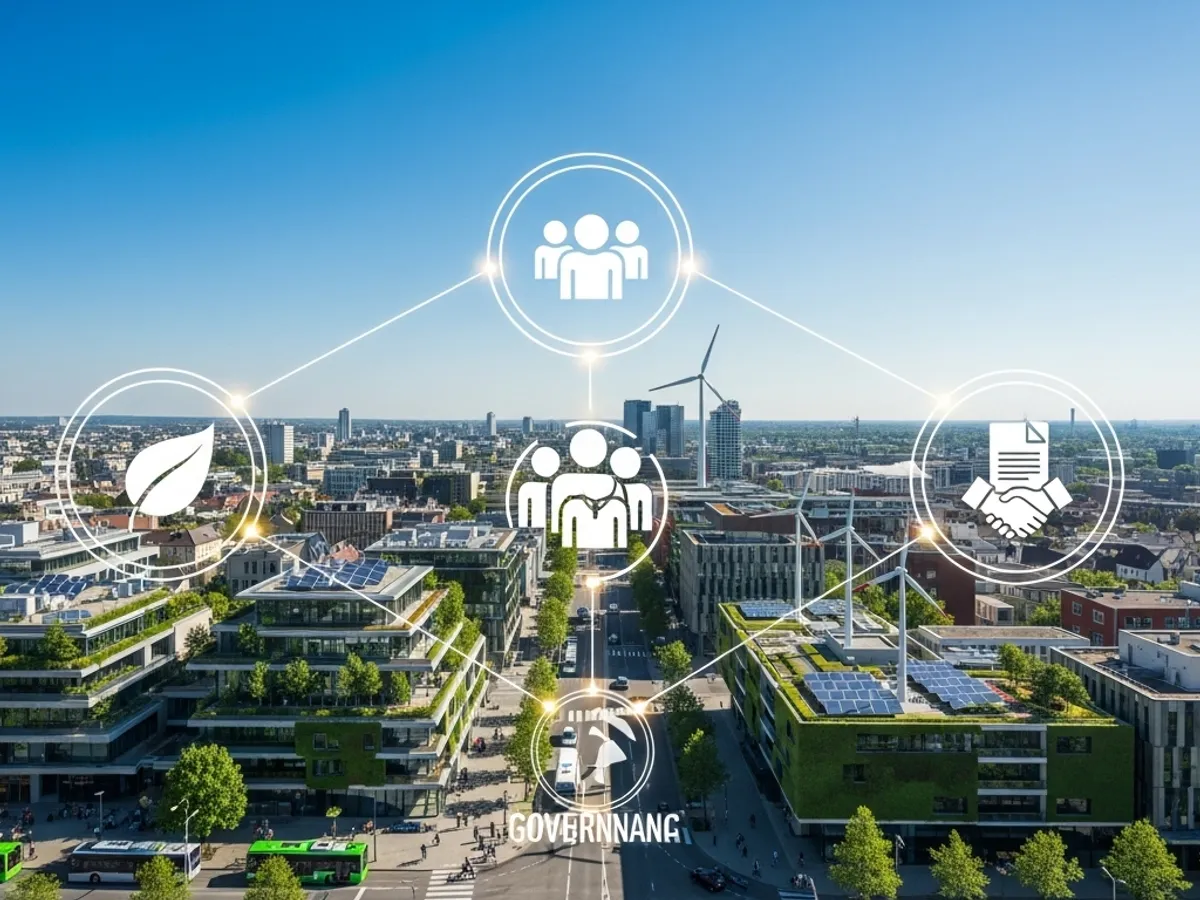 An aerial view of a sustainable city integrating environmental, social, and governance (ESG) practices, showcasing green buildings, renewable energy sources like wind turbines, and community engagement, symbolizing a holistic approach to ESG consulting services and sustainable business development.