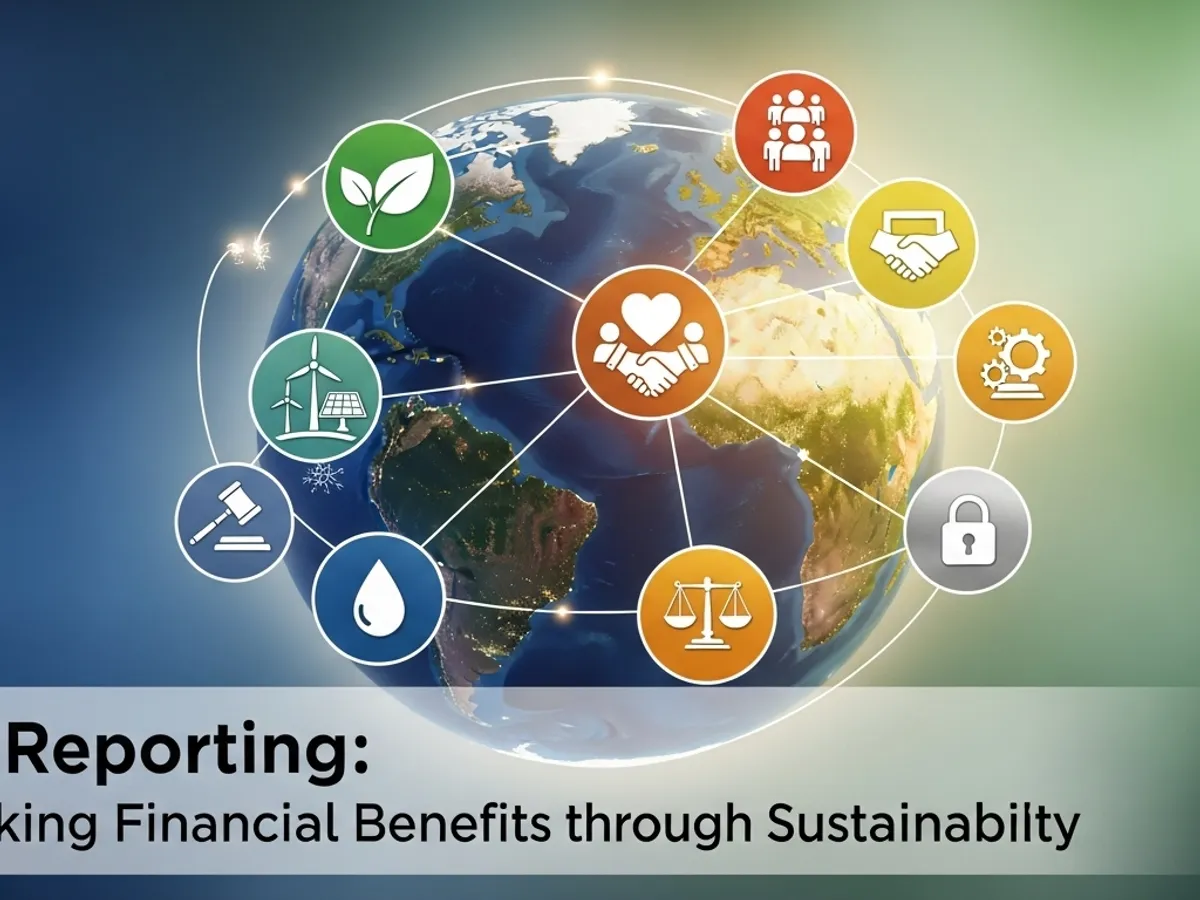 A graphic illustration depicting the global interconnectedness of ESG (Environmental, Social, and Governance) factors, represented by icons encircling the earth, symbolizing transparent business practices and stakeholder engagement for sustainability.