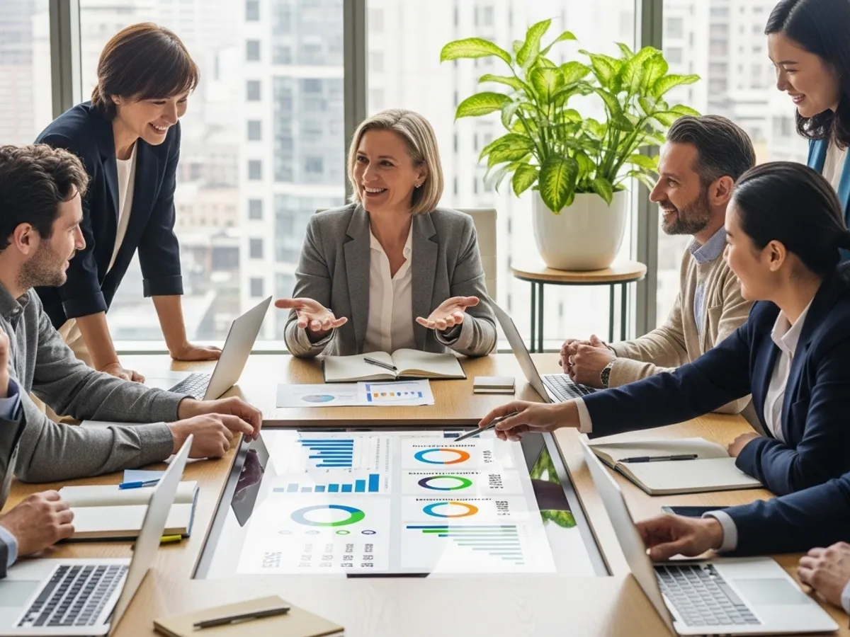A diverse group of professionals collaborates in a modern office setting, reviewing ESG reporting best practices and financial data on a digital table, emphasizing stakeholder engagement in sustainability reporting and corporate social responsibility.