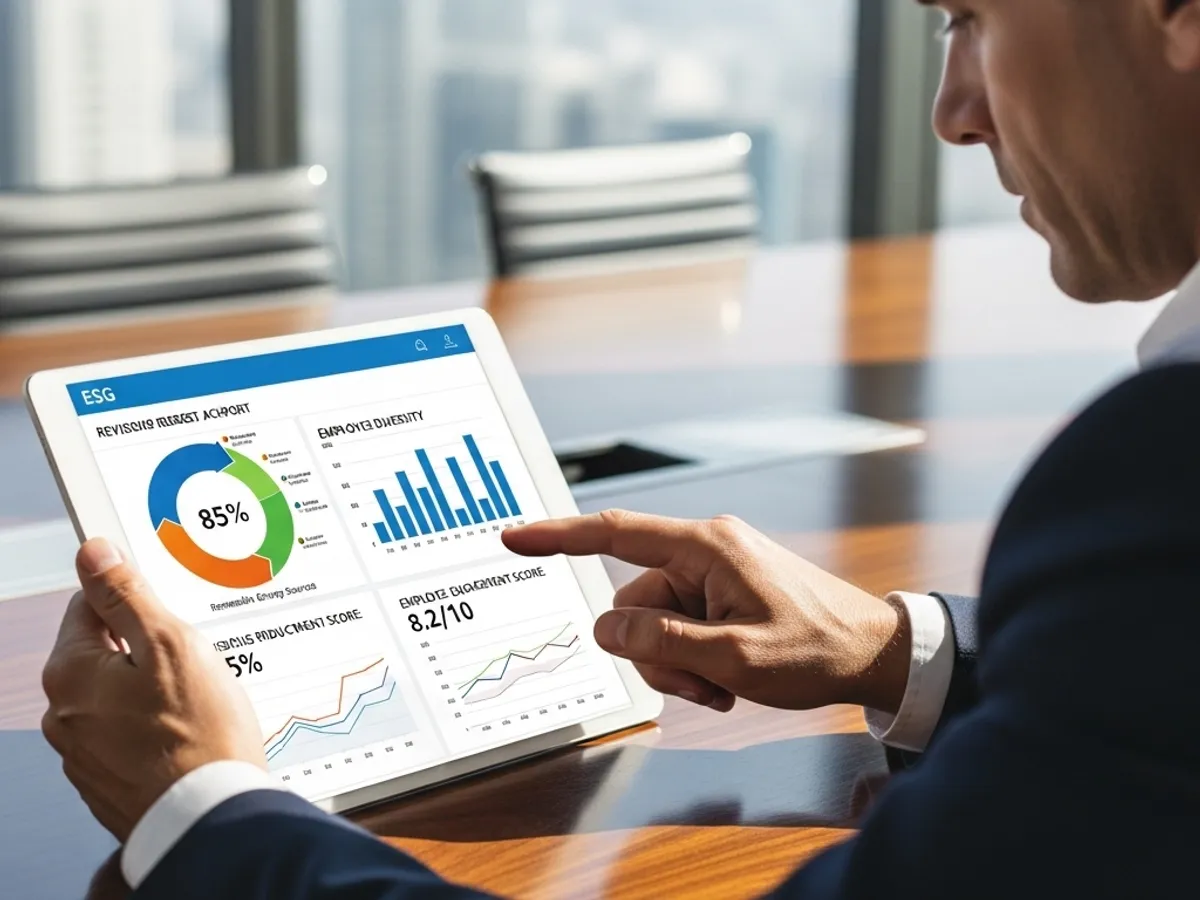 A professional reviews an ESG (Environmental, Social, and Governance) revised investor interest report on a tablet, highlighting environmental impact assessment and sustainability reporting metrics.