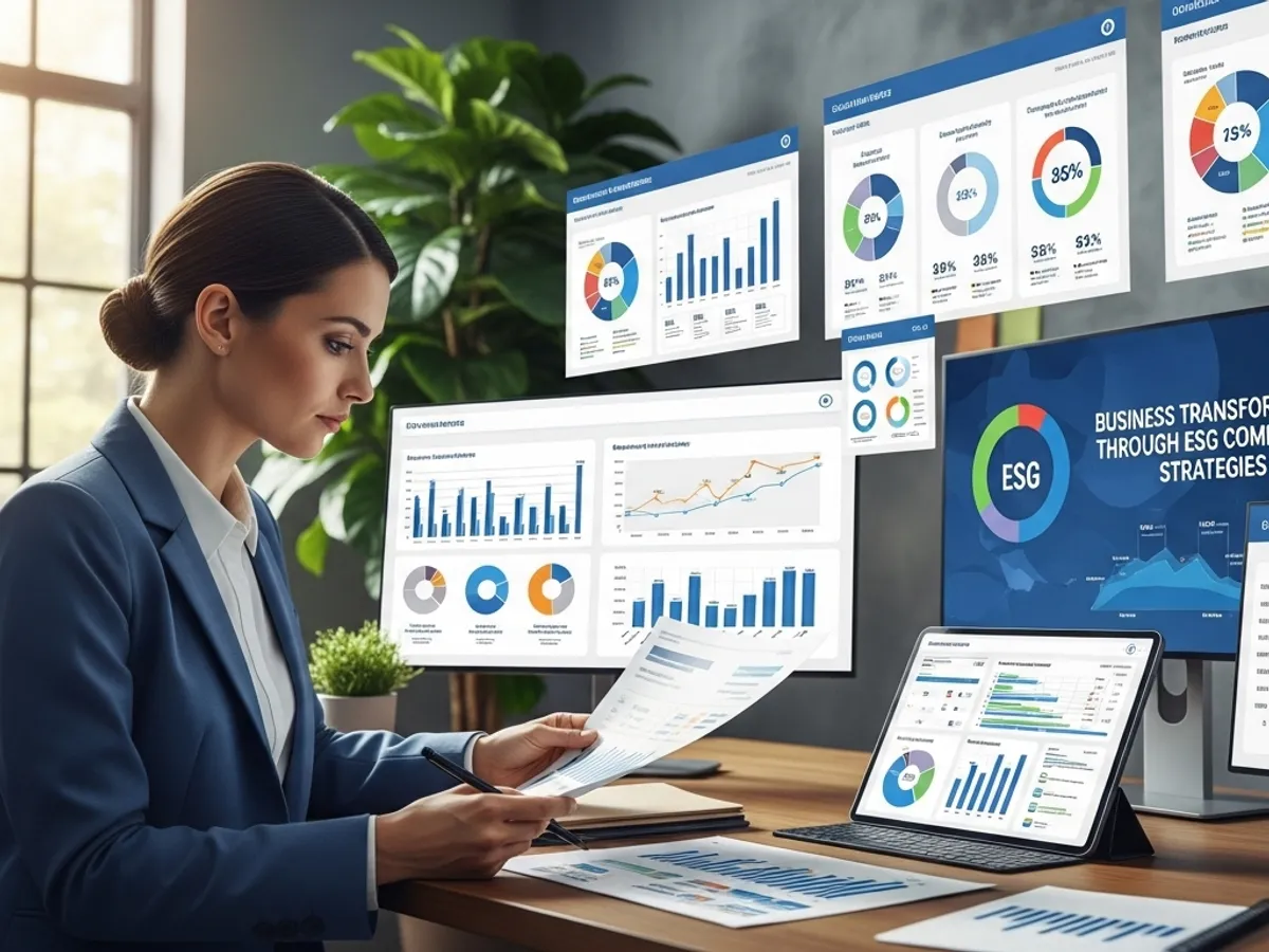 A woman reviews ESG compliance data on floating monitors and a tablet, showcasing financial charts and graphs, illustrating the importance of sustainability reporting and ethical business practices for corporate social responsibility.