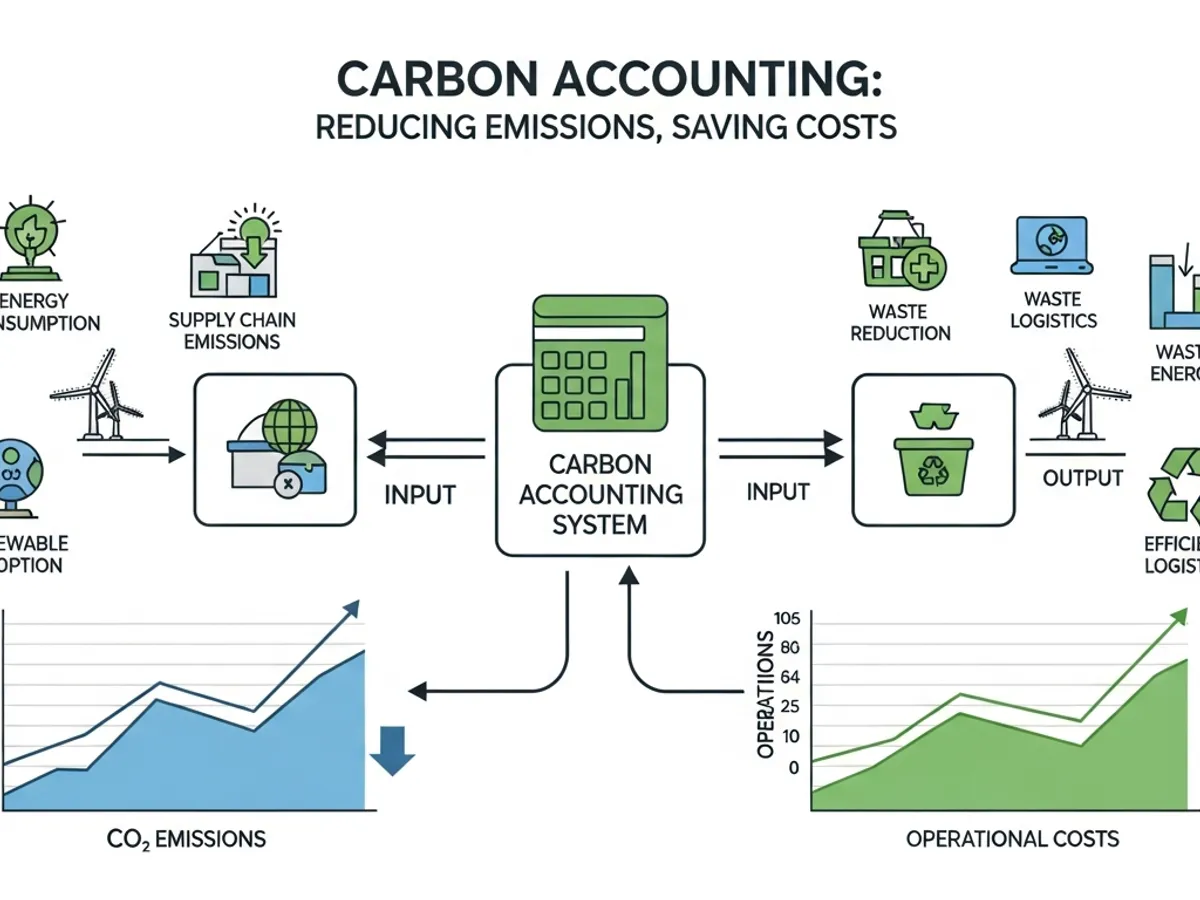 Diagram illustrating carbon accounting as a system to reduce emissions and save costs, highlighting inputs like energy consumption and supply chain emissions, the carbon accounting system at its center, and outputs leading to waste reduction, efficient logistics, and decreased operational costs.