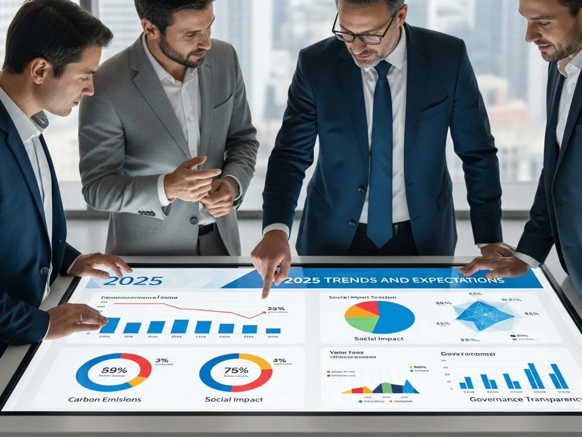A group of business professionals reviewing 2025 ESG trends and investor expectations on a large interactive display, focusing on ESG metrics, carbon emissions, and governance transparency for corporate ESG reporting.