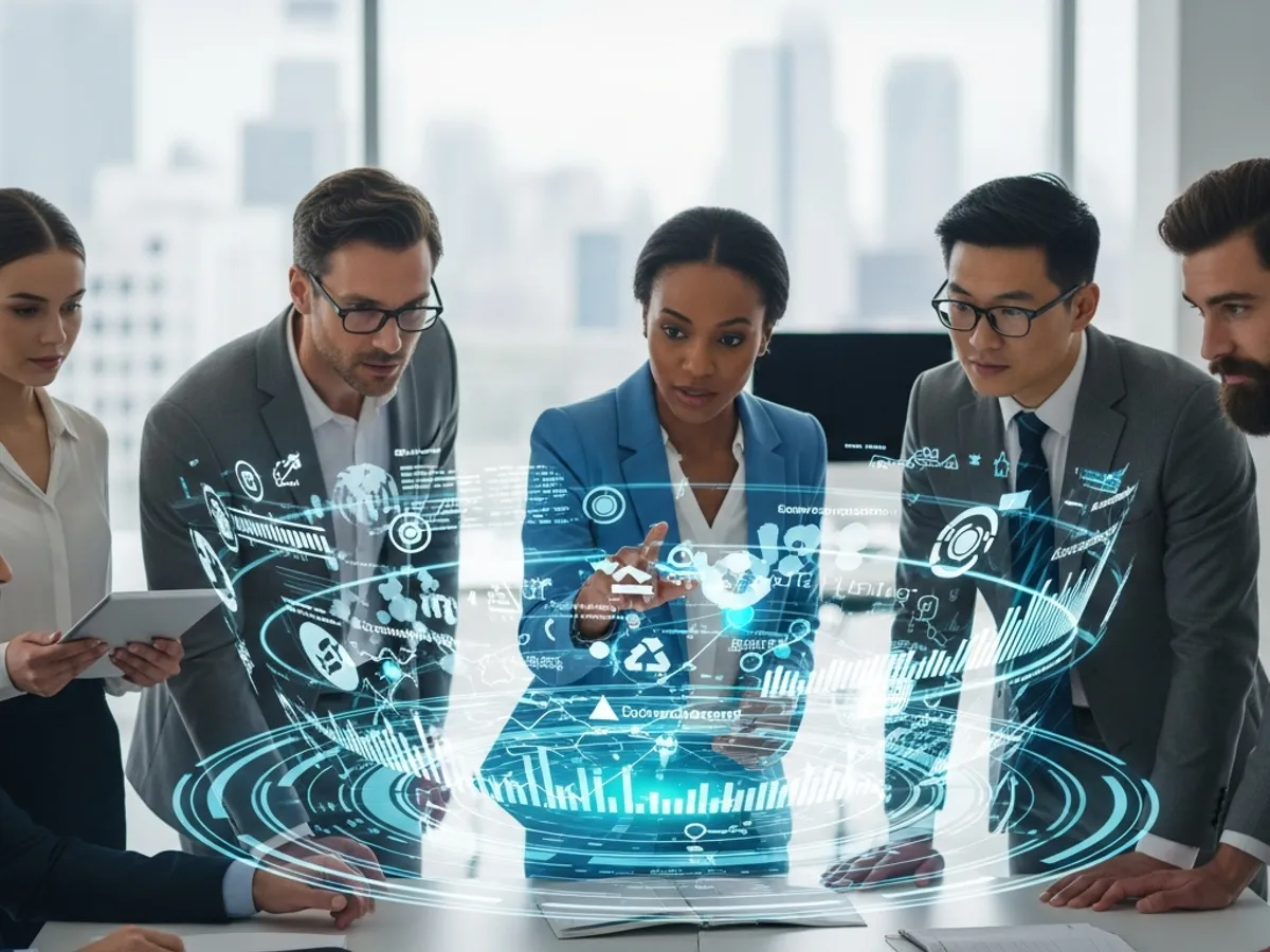 A diverse group of business professionals collaboratively analyzing ESG data presented through a holographic interface, illustrating the importance of data-driven insights in ESG investing and sustainable finance.