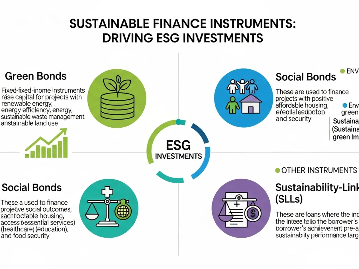 Infographic showcasing various sustainable finance instruments, including green bonds and social bonds, that drive ESG investments and support the growth of responsible investing.