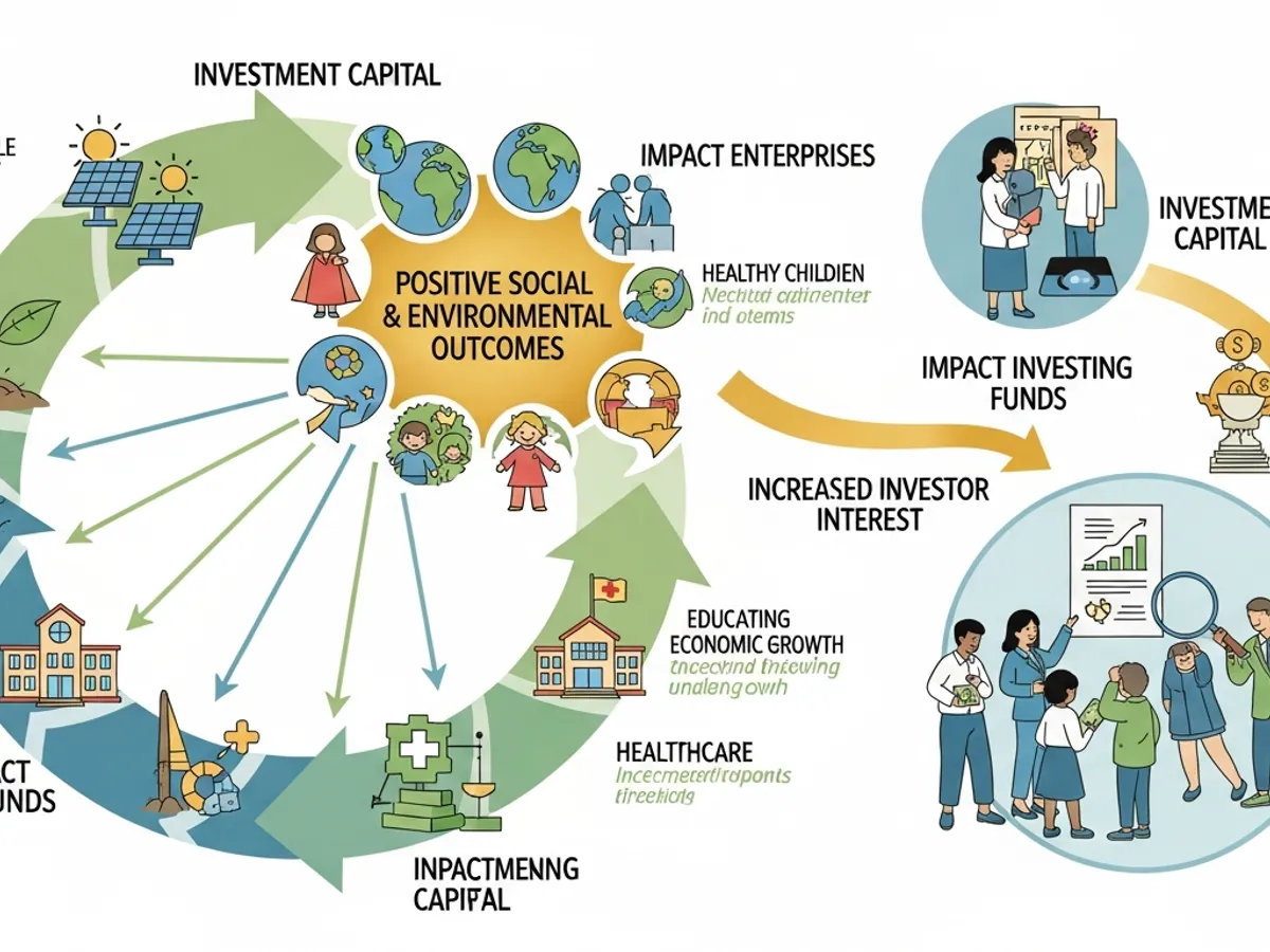 Visual representation of the cycle of impact investing, showing how investment capital leads to positive social and environmental outcomes, attracting more investor interest in ESG and impact investing funds.