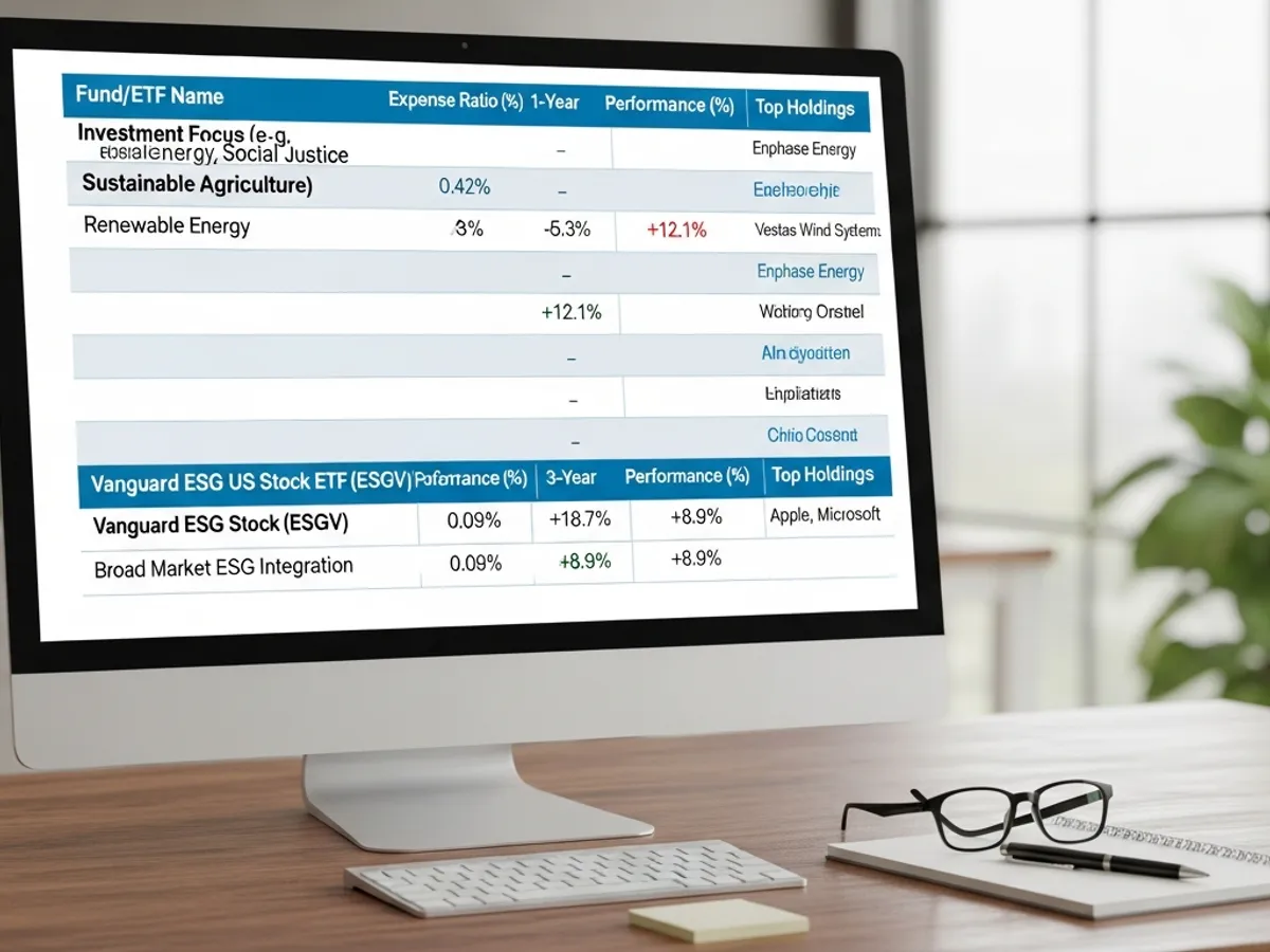 Screenshot of a monitor displaying ESG fund and ETF performance data, highlighting the investment focus, expense ratio, and top holdings of various ESG portfolios and ESG ETF options.