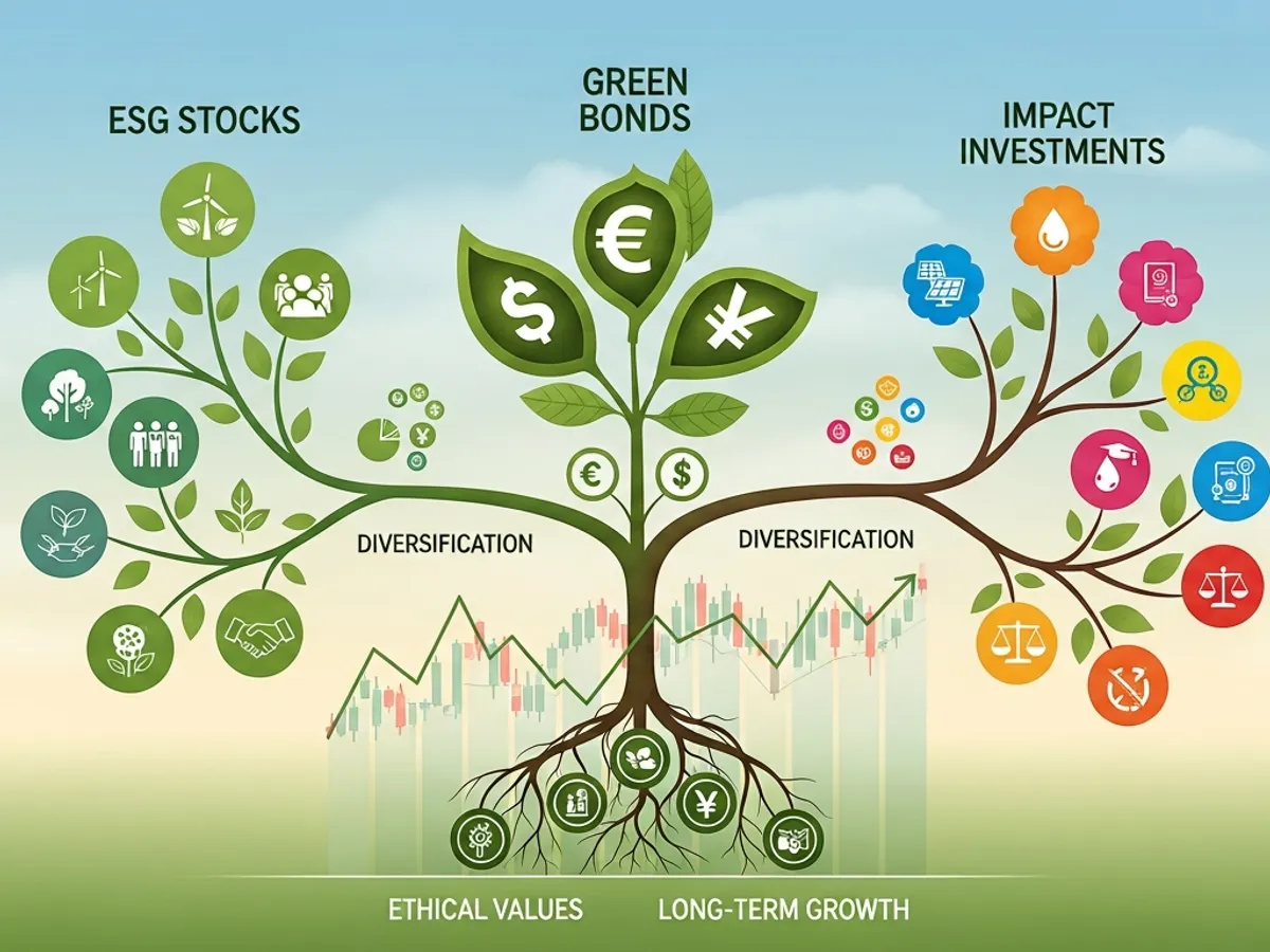 Illustration depicting ESG stocks, green bonds, and impact investments as branches of a tree, rooted in ethical values and long-term growth, symbolizing the diversification and sustainability of ESG investing.