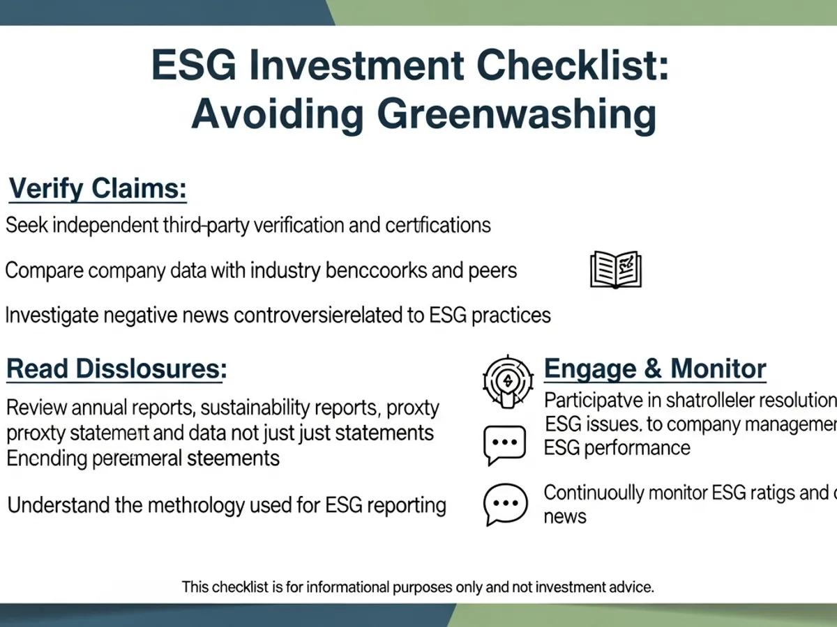 An ESG Investment Checklist for avoiding greenwashing, providing guidelines for verifying claims, reading disclosures, and engaging in monitoring to ensure responsible investing in ESG.