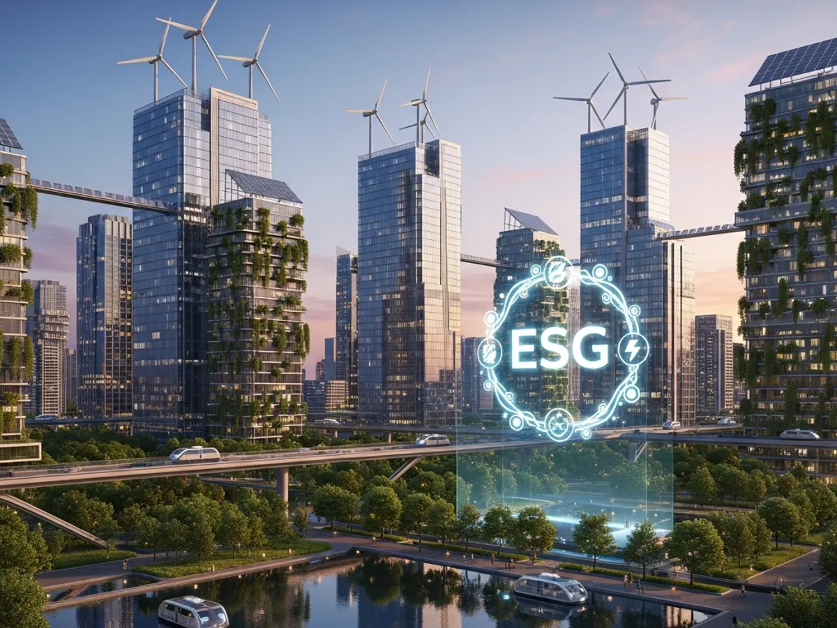 A futuristic cityscape with wind turbines and solar panels, symbolizing sustainable infrastructure and urban development, with an ESG logo overlay, representing the integration of ESG principles in creating a sustainable future.
