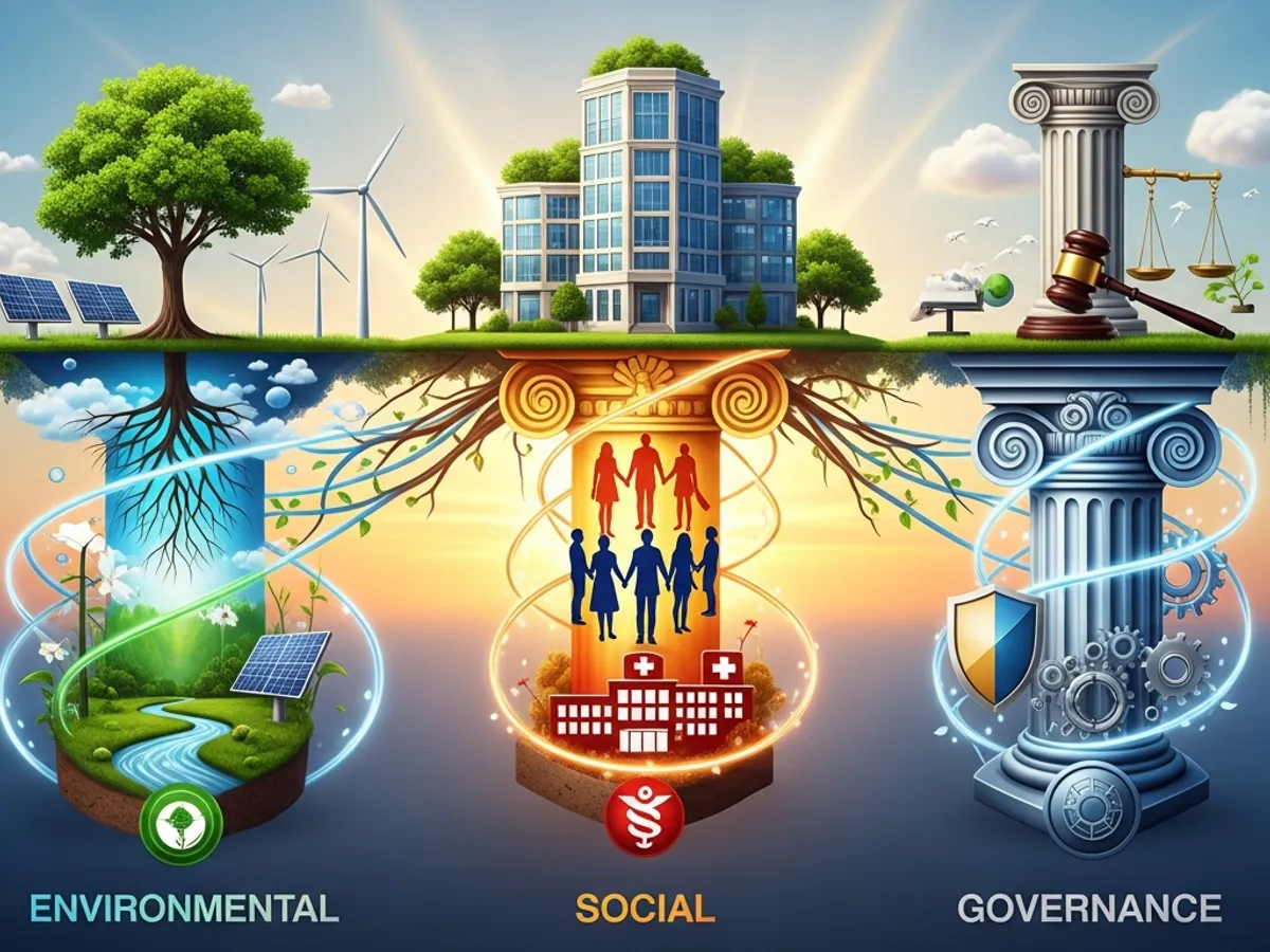 Conceptual artwork illustrating the three pillars of ESG: Environmental, Social, and Governance, emphasizing ESG regulatory compliance and the importance of ESG legal compliance.