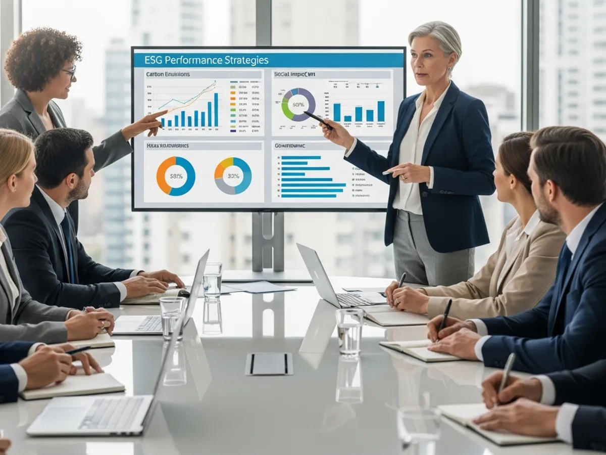 A diverse group of professionals in a meeting, discussing ESG performance strategies and the importance of ESG compliance solutions to improve business readiness.