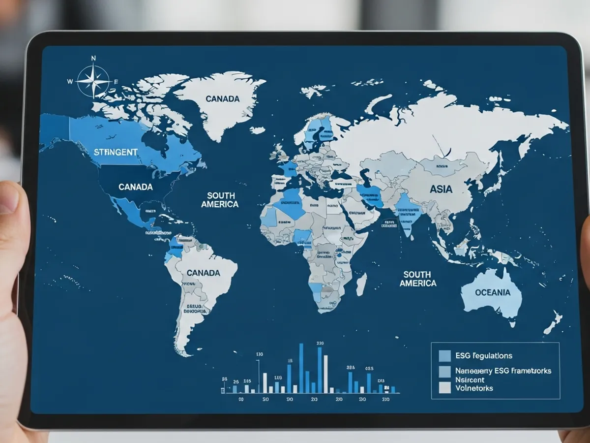 Close-up of a tablet displaying a world map, highlighting regions with stringent ESG regulations, demonstrating global awareness of ESG compliance and its impact on businesses.