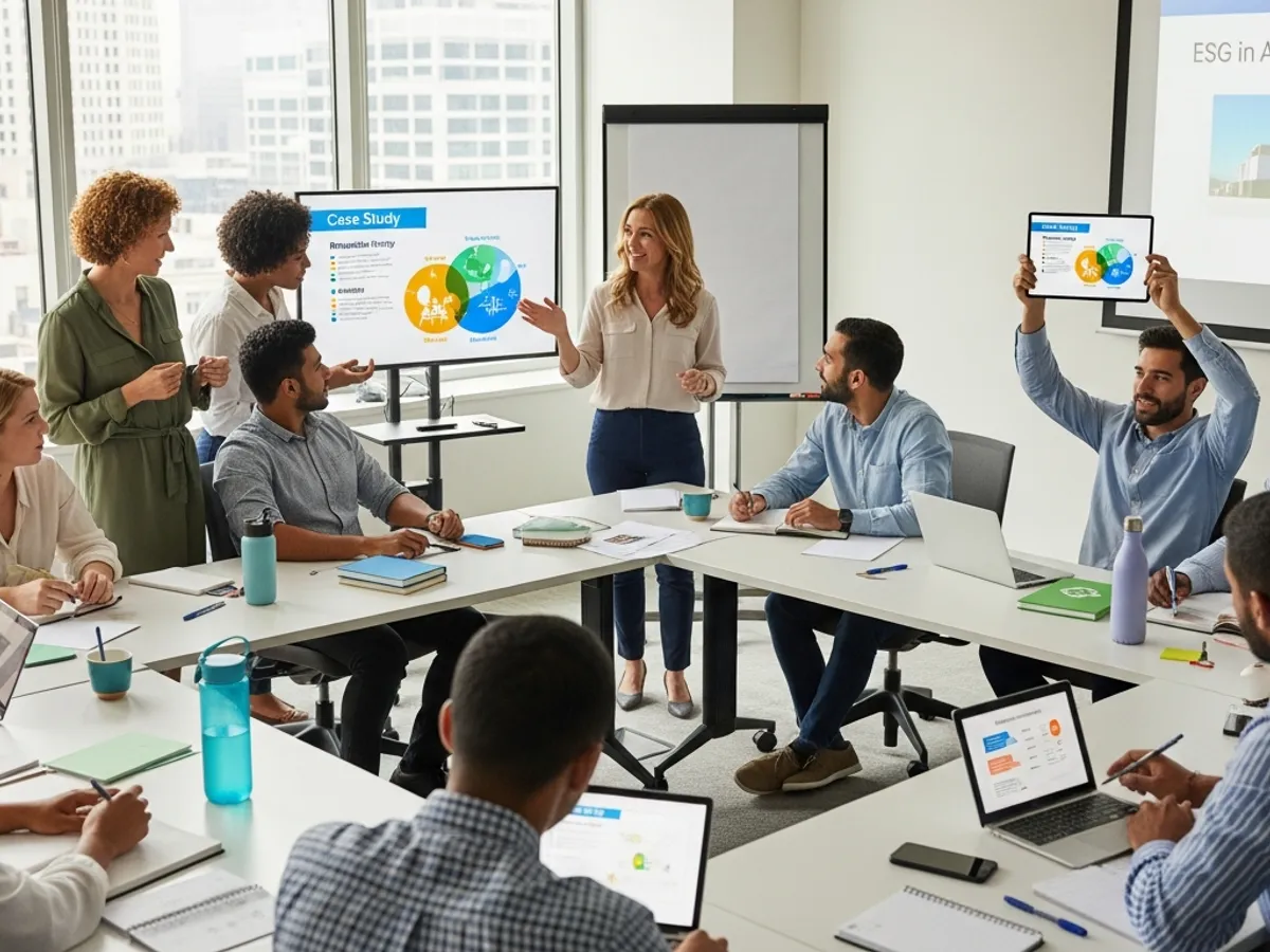 A diverse group participates in corporate ESG education, reviewing a case study during an ESG training program session.