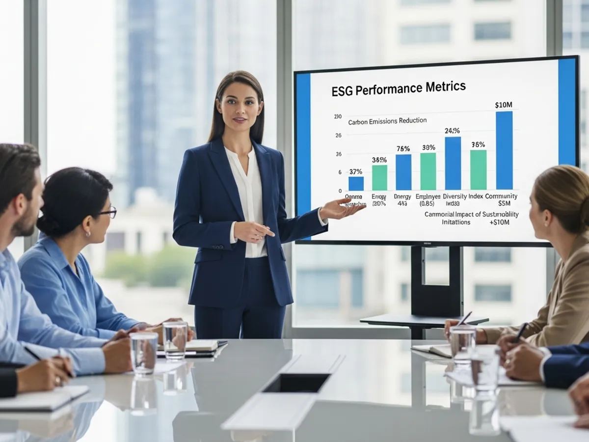 A presenter shares ESG performance metrics during ESG reporting training to a group of business professionals.