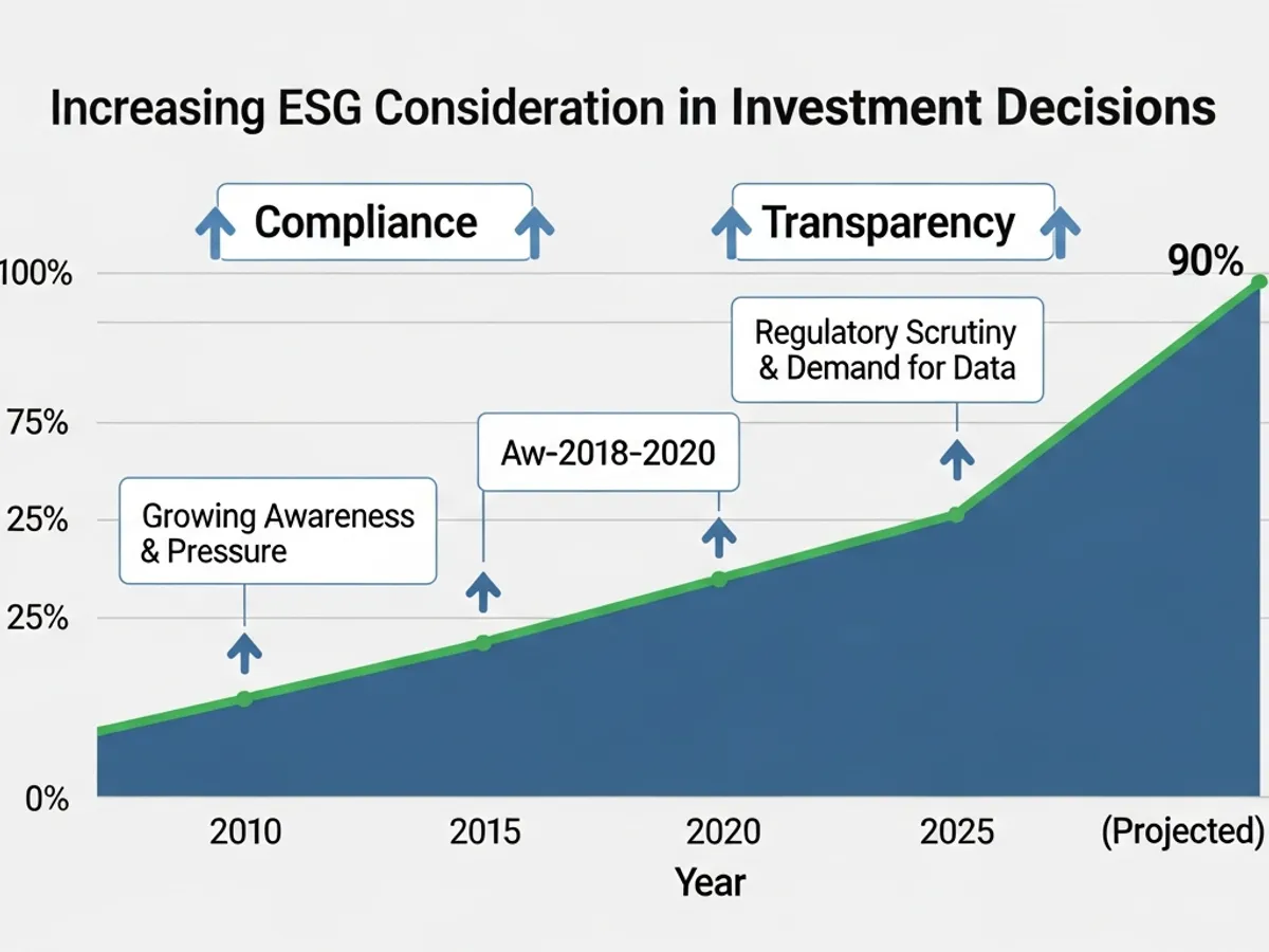 A graph illustrating the increasing ESG consideration in investment decisions, emphasizing compliance and transparency trends.