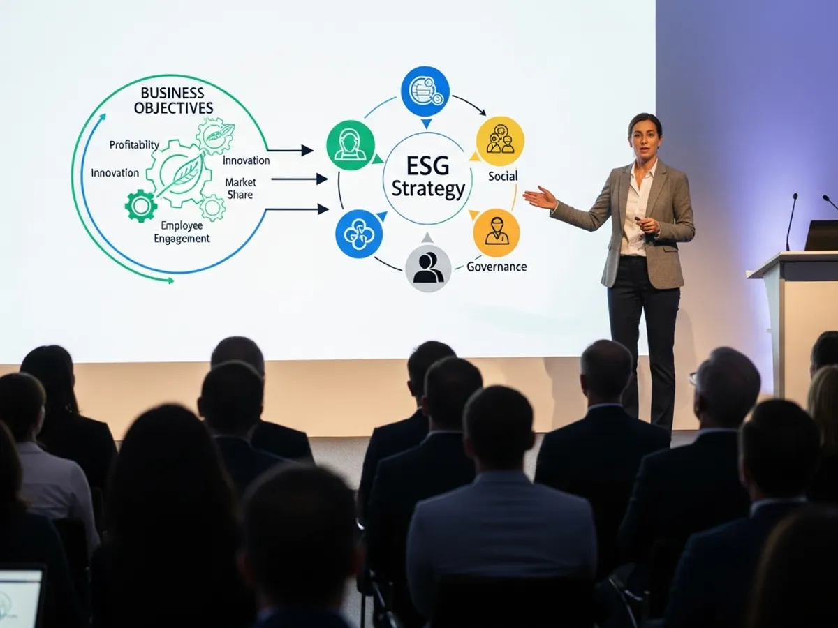 A presenter explaining ESG strategy and its impact on business objectives to an audience during an ESG course.