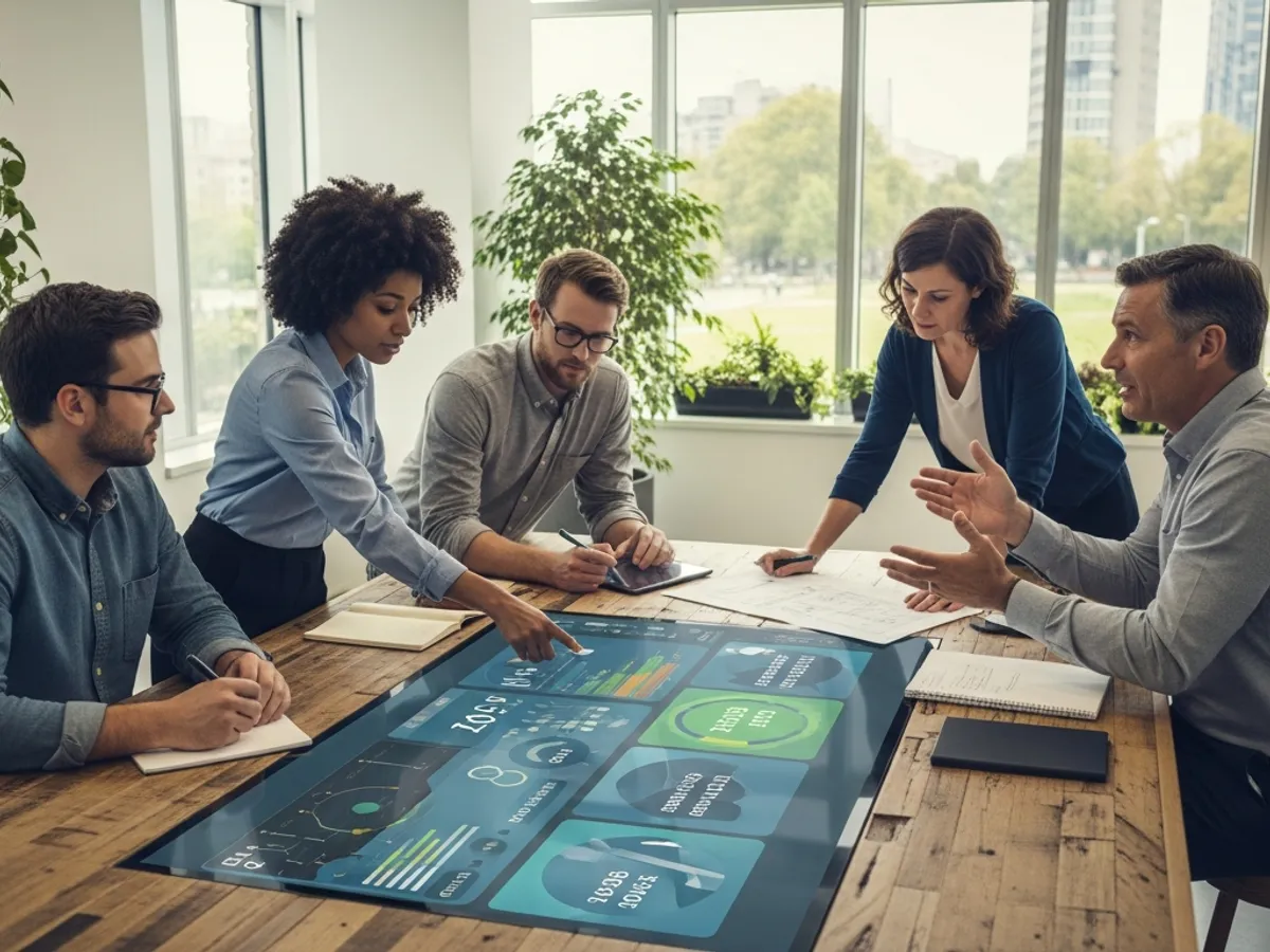 A team collaborating on business sustainability training, reviewing data and analytics on a digital display table.