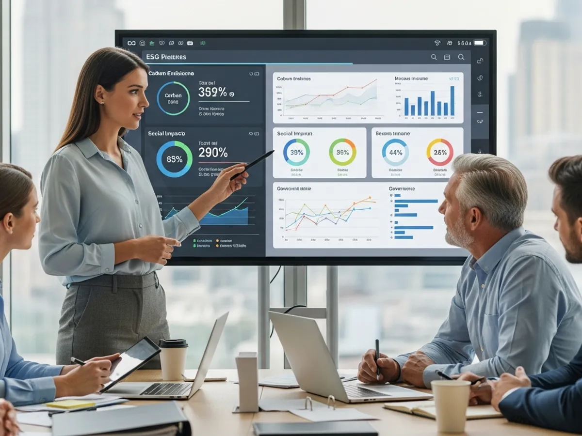 A woman presenting ESG priorities with charts on a screen during a corporate ESG education session with business professionals.