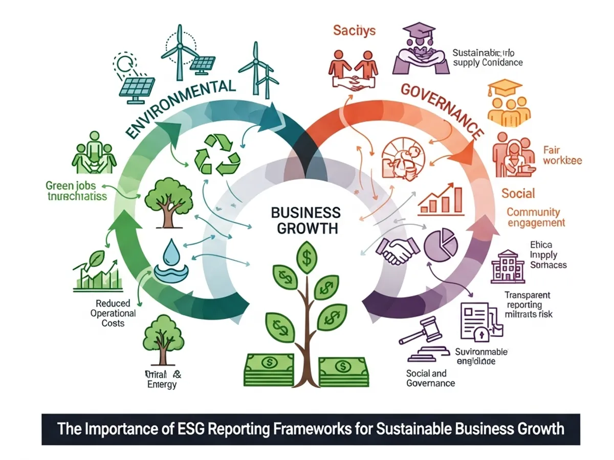 Infographic illustrating the importance of ESG Reporting Frameworks for Sustainable Business Growth, encompassing environmental, social, and governance factors driving business strategy.