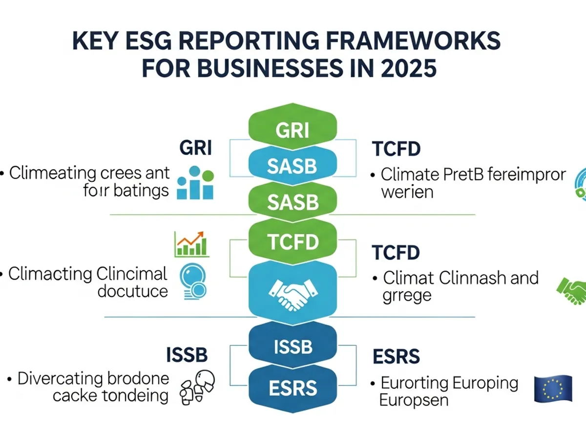 Diagram outlining Key ESG Reporting Frameworks for Businesses in 2025, including GRI, SASB, TCFD, ISSB, and ESRS reporting standards for ESG compliance.