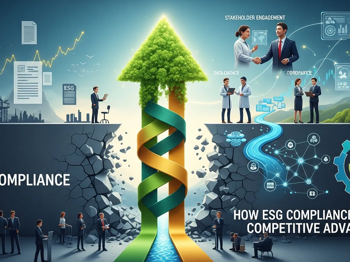 Conceptual illustration showing the path to ESG compliance and competitive advantage, emphasizing stakeholder engagement and the future trends in sustainability reporting.