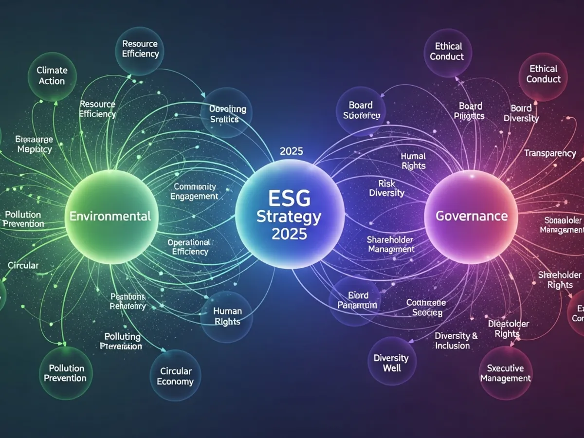 A network diagram showing the interconnected aspects of ESG Strategy for 2025, including environmental considerations, social responsibility, and corporate governance for business growth.