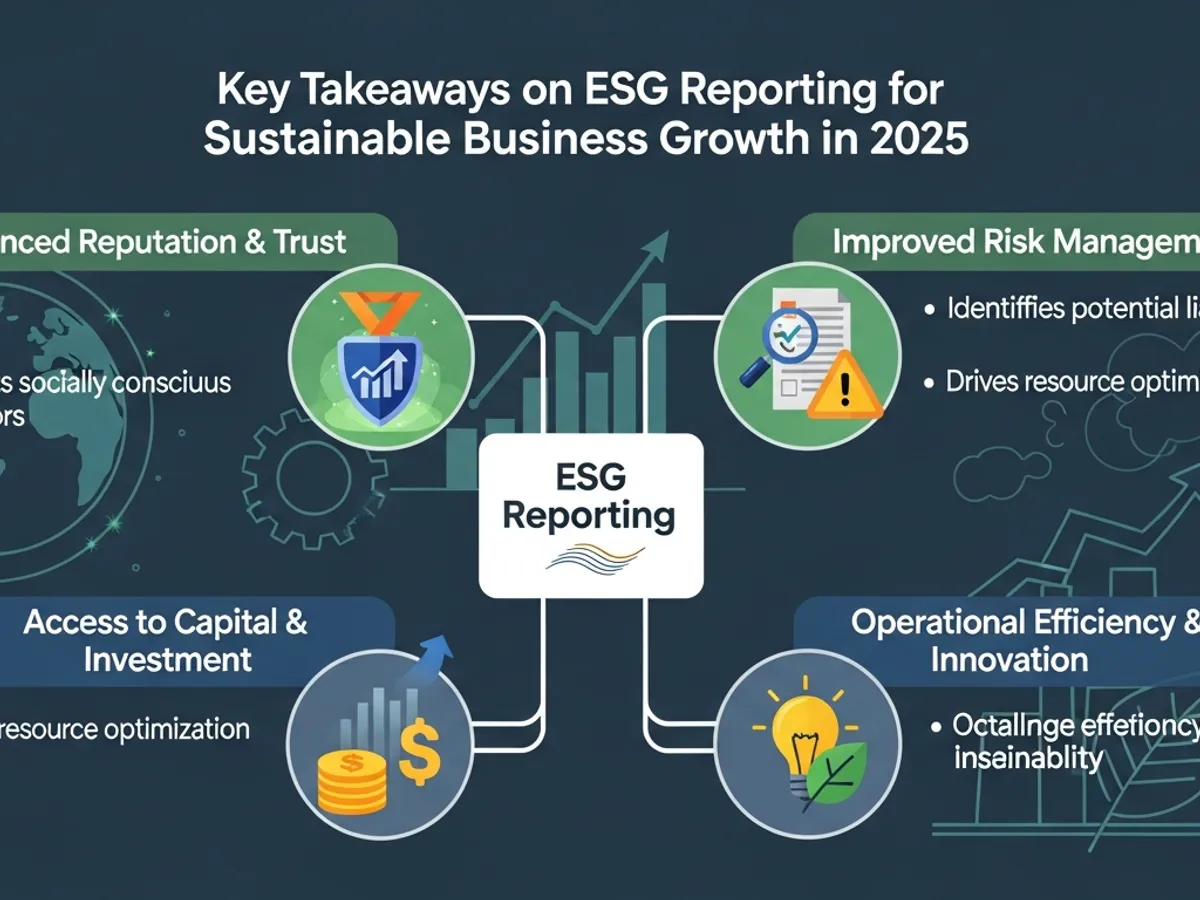Infographic presenting Key Takeaways on ESG Reporting for Sustainable Business Growth in 2025, including enhanced reputation, improved risk management, access to capital, and operational efficiency.