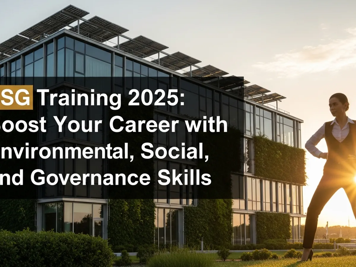 A modern, eco-friendly building with solar panels and greenery, representing ESG principles, with text overlay promoting 'ESG Training 2025' to boost careers with Environmental, Social, and Governance skills.