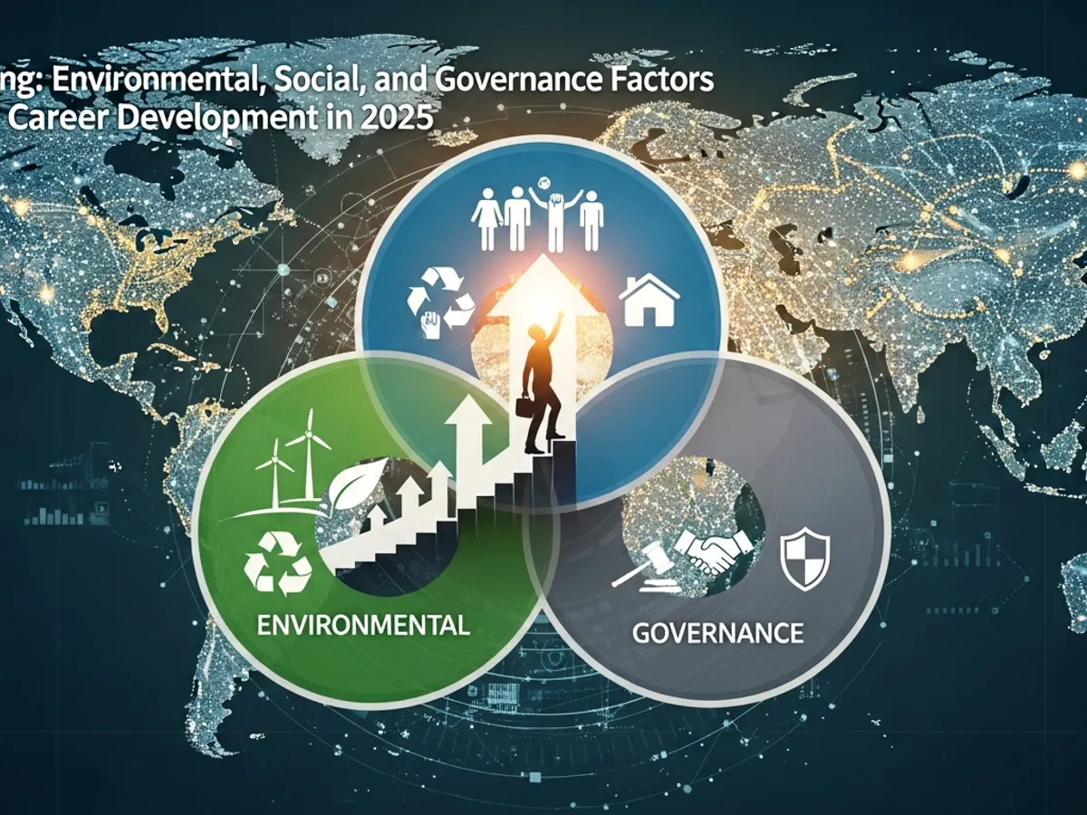 Infographic illustrating Environmental, Social, and Governance (ESG) factors for career development in 2025, set against a world map, showcasing the global impact of ESG training and sustainable practices.