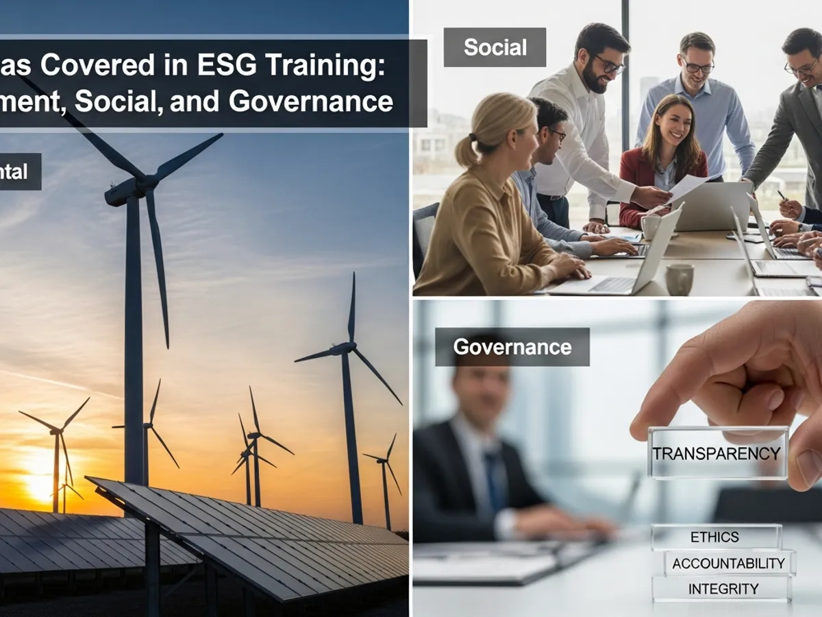 A composite image showcasing different aspects covered in ESG Training: Environmental (wind turbines and solar panels), Social (diverse team collaborating), and Governance (transparency, ethics, accountability, integrity).