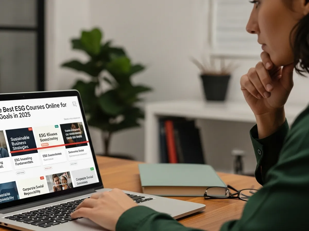 A woman is viewing a laptop screen displaying ESG courses online, emphasizing the availability of sustainable investing course and ESG certification courses for career growth in 2025.