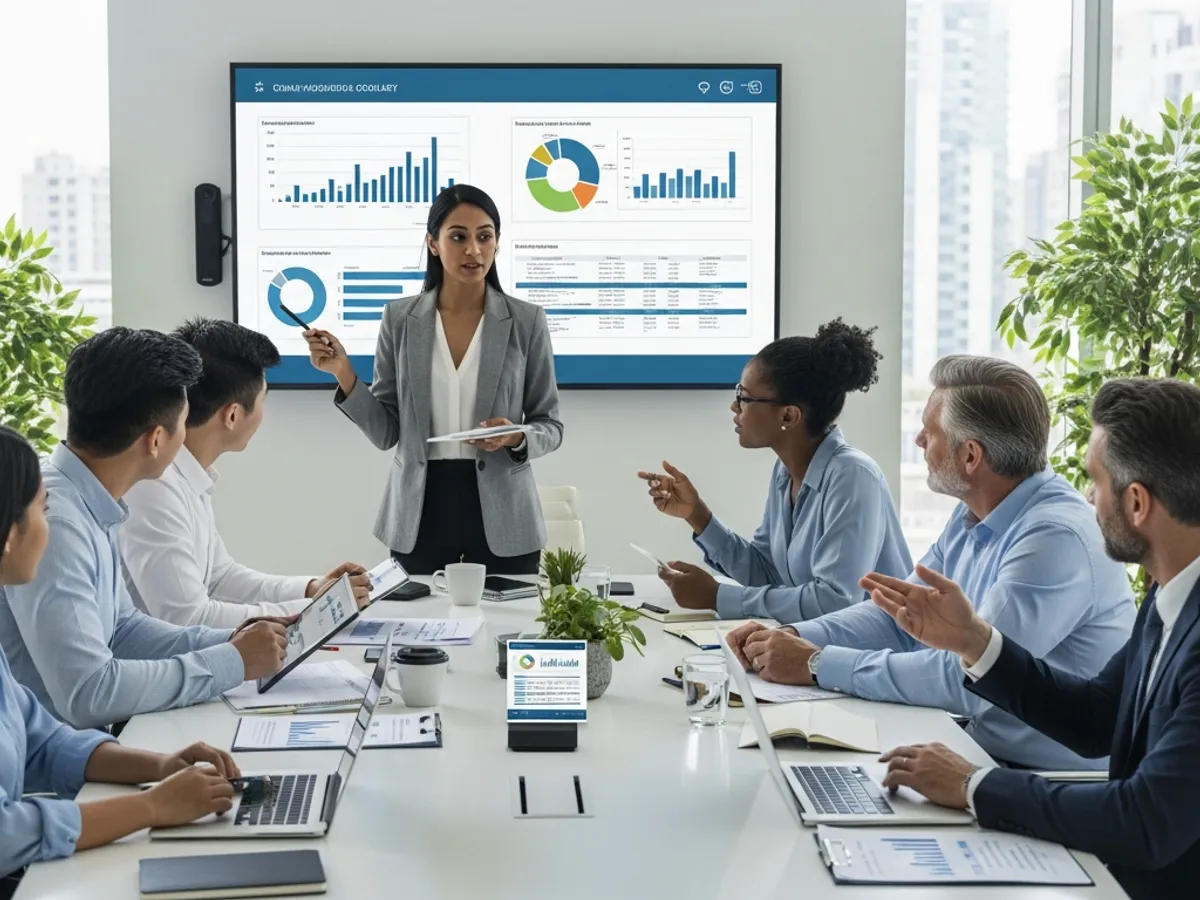 A diverse group of professionals in a boardroom setting, discussing ESG reporting course data presented on a screen, highlighting the importance of ESG training in business.