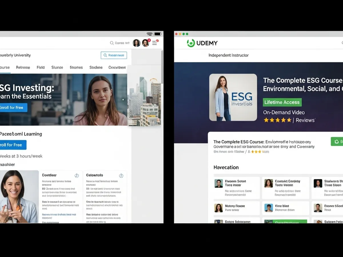 Screenshots of online platforms offering ESG courses, including ESG investing course and complete ESG courses, emphasizing the accessibility of online ESG courses for career development.