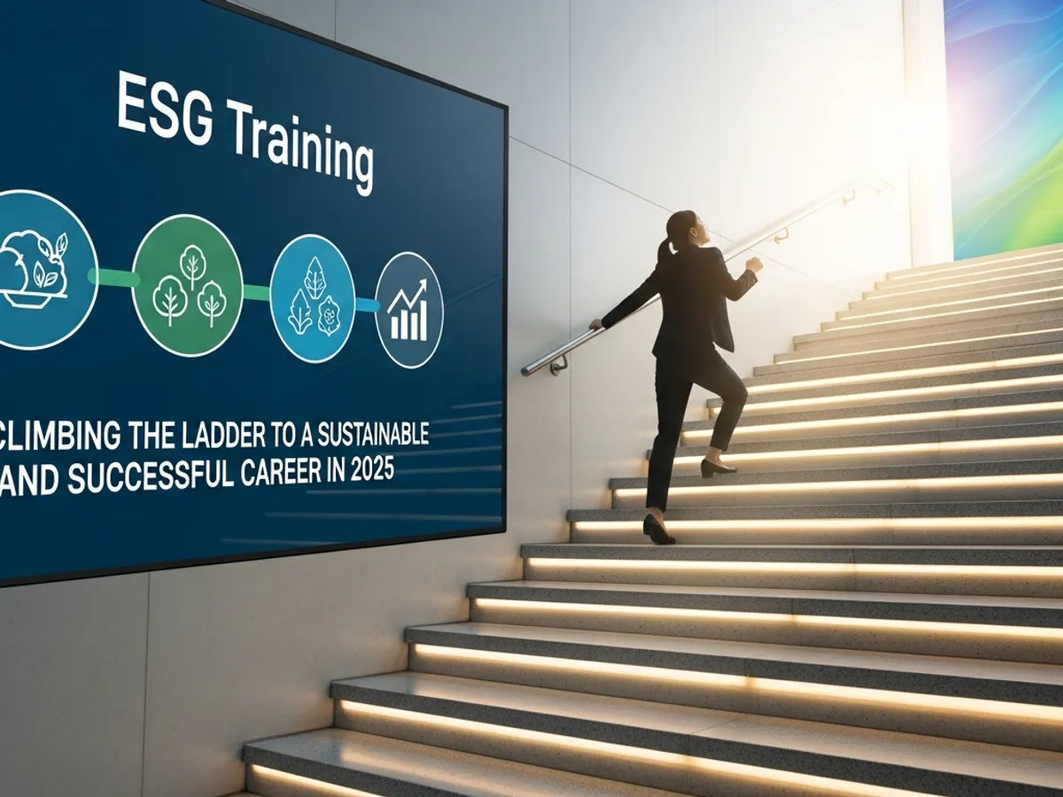 A person climbing stairs towards a bright future, symbolizing career advancement through ESG training, with a banner displaying 'ESG Training' and the promise of a sustainable and successful career in 2025.