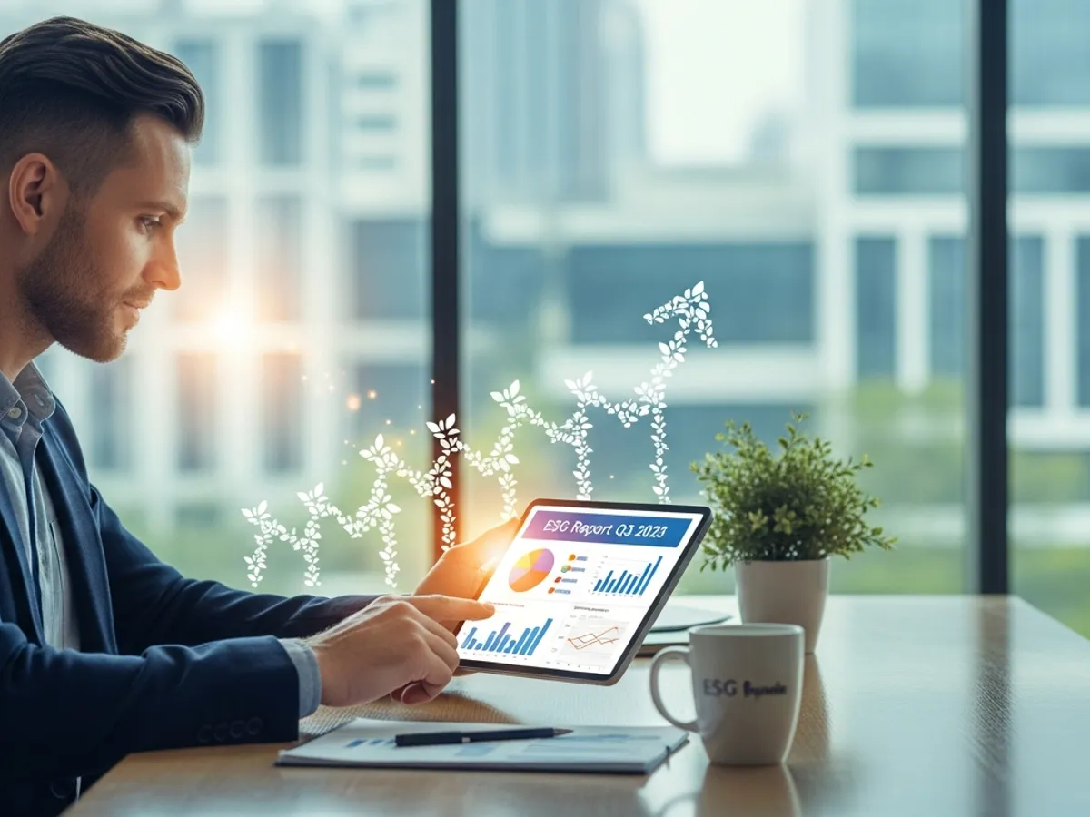 A professional reviews an ESG Report Q3 2023 on a tablet, highlighting the importance of ESG reporting courses for understanding environmental, social, and governance performance.