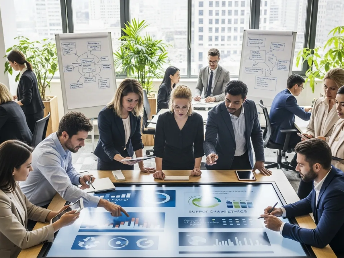Team members collaborating on ESG strategies, emphasizing supply chain ethics and the need for comprehensive ESG training and online ESG courses for effective implementation.