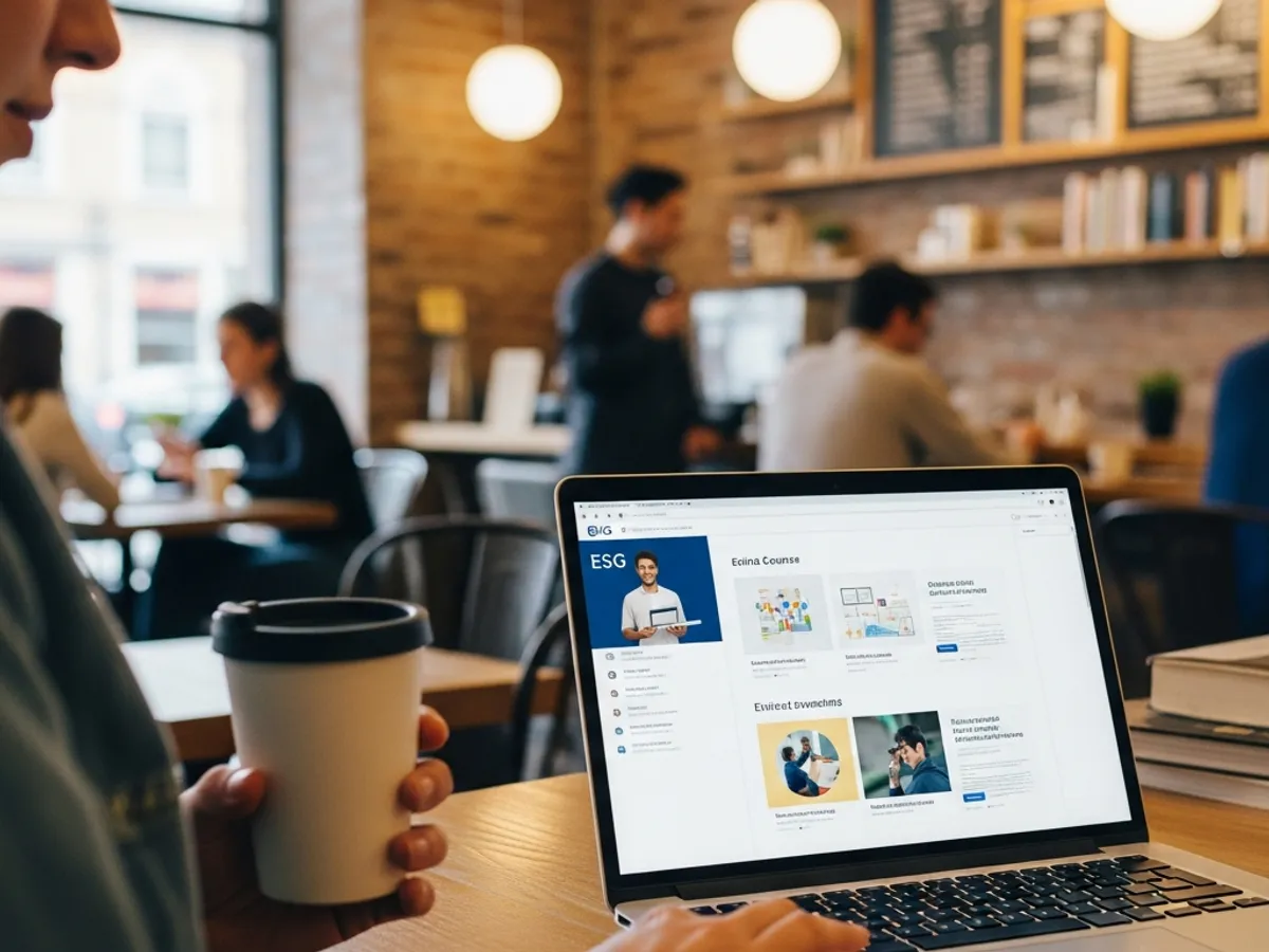 A person explores ESG courses online on a laptop, with the cafe scene suggesting accessibility and convenience of online ESG training for continuous professional development.