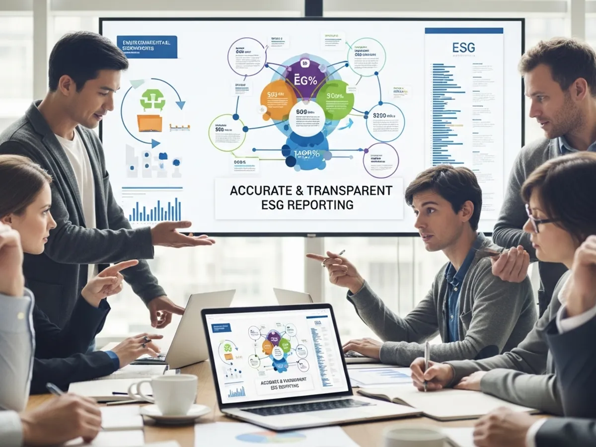 A team analyzing accurate and transparent ESG reporting during an ESG training session, focusing on environmental stewardship and corporate social responsibility.