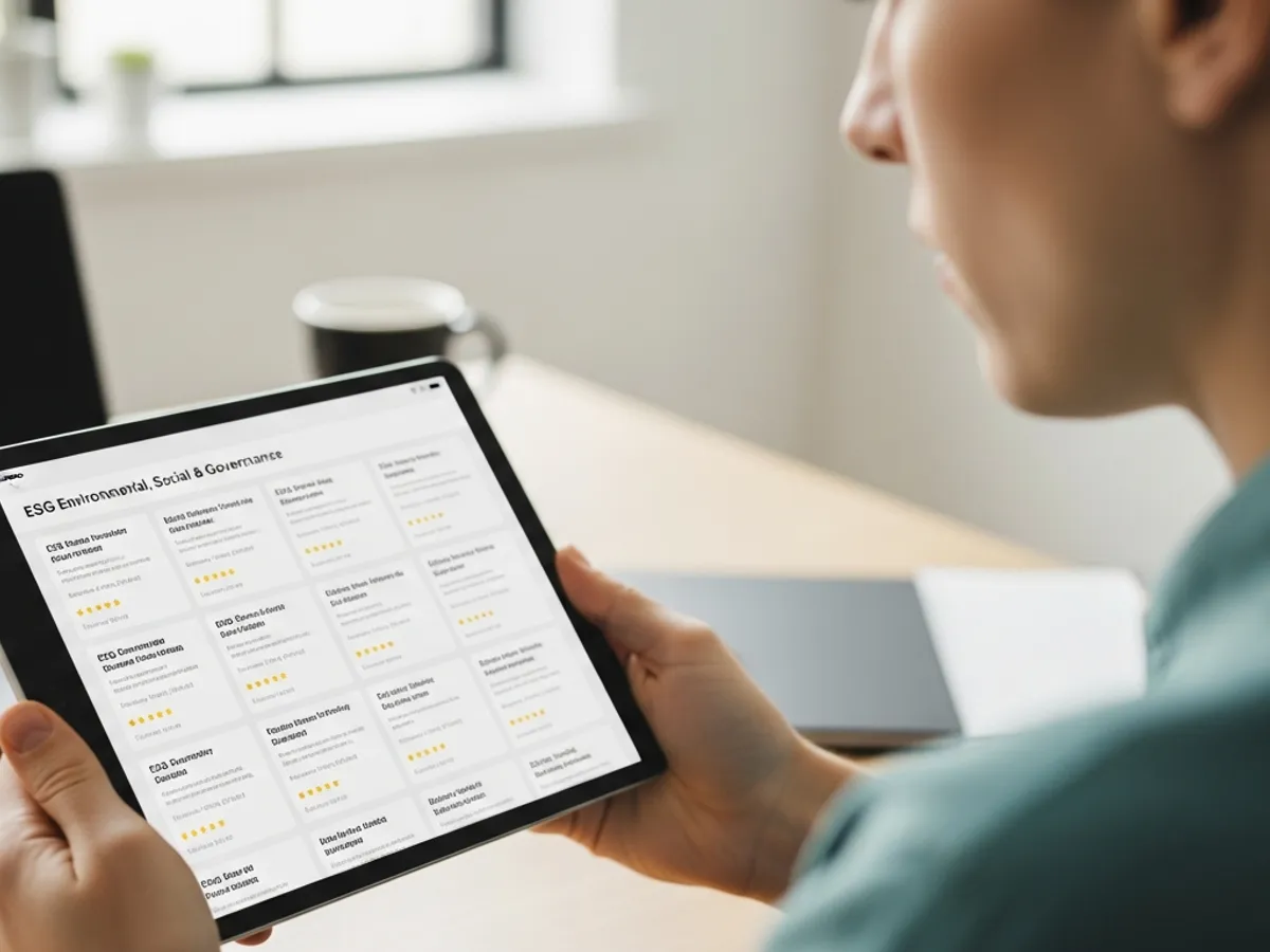 Close-up of a tablet displaying various ESG courses, illustrating the range of ESG training courses available to enhance environmental, social, and governance expertise.